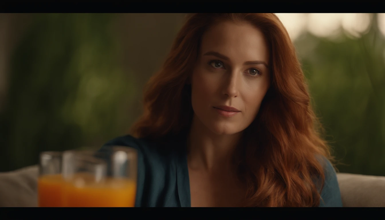 RAW, professional photograph, movie photograph, medium shot, Female, thirty years old, athletic body, soft facial features, long hair, straight hair, red hair, black eyes, sitting on couch, drinking orange juice, wearing casual clothes, Realism, hyperrealism, ray tracing, high details, super detail, UHD, 8k