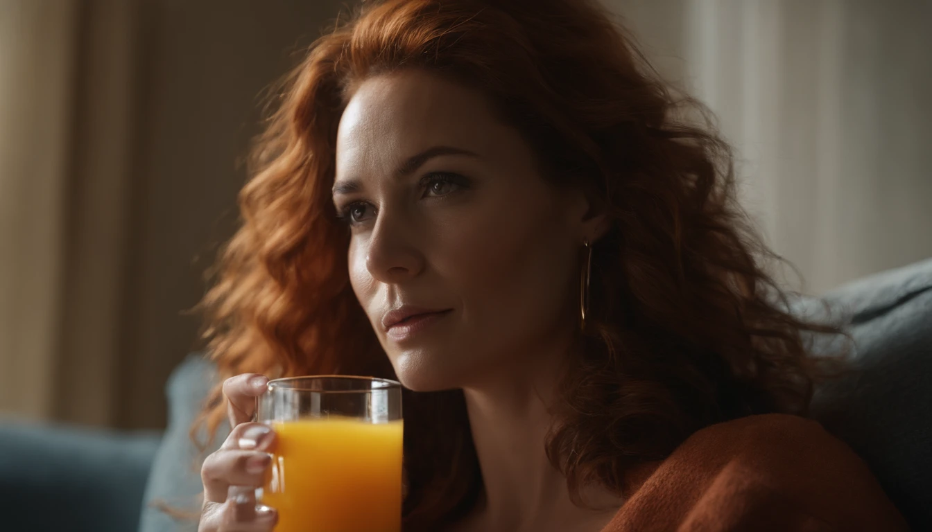 RAW, professional photograph, movie photograph, medium shot, Female, thirty years old, athletic body, soft facial features, long hair, straight hair, red hair, black eyes, sitting on couch, drinking orange juice, wearing casual clothes, Realism, hyperrealism, ray tracing, high details, super detail, UHD, 8k