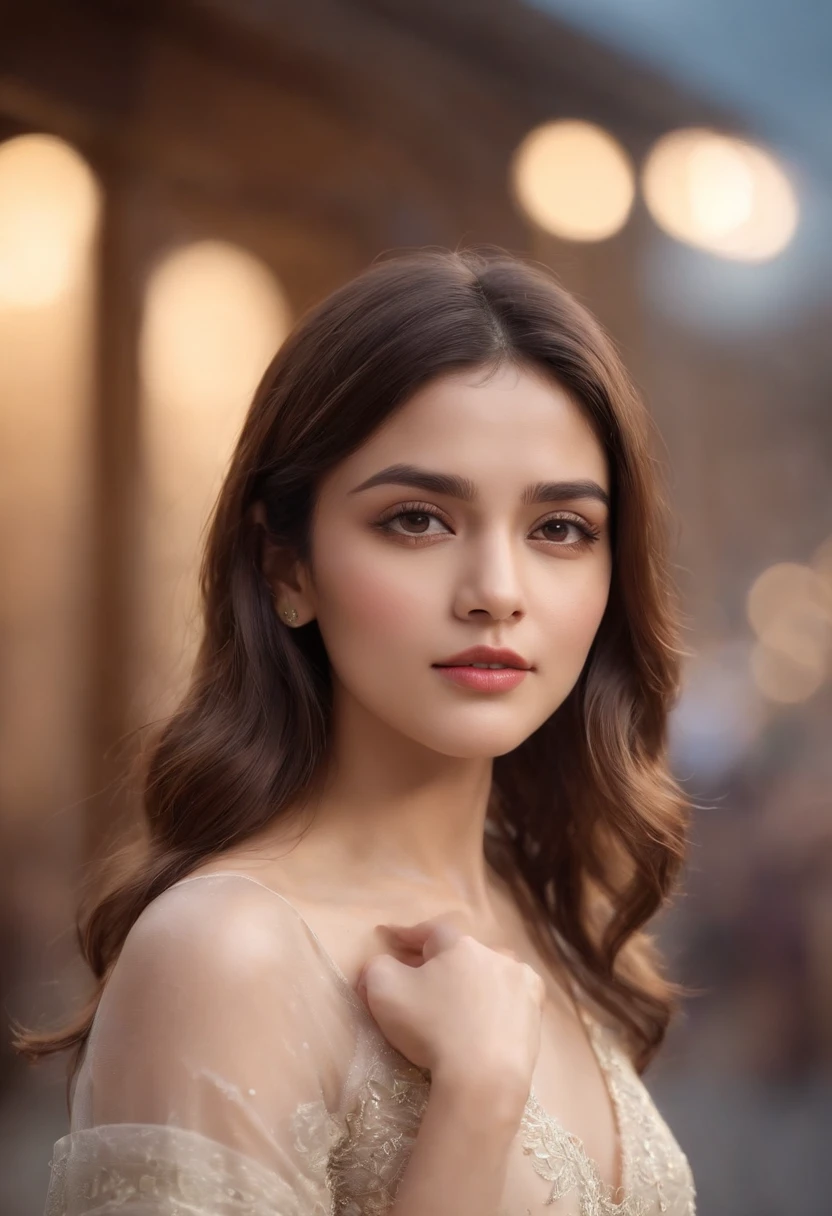 (Sexy Indian Girl)、8yk、Raw foto、(masterpiece)、(top-quality)、hight resolution、(1girl in)、(realisitic、Photorealsitic:1.2)、ultra-detailliert、physically-based renderingt、a necklace、耳Nipple Ring、air bangs、hair adornments、evening glow、鎖骨、wristbands、a navel、length hair、brown haired、Ahoge、1girl in、middlebreast、the street、hair wavy、paler、