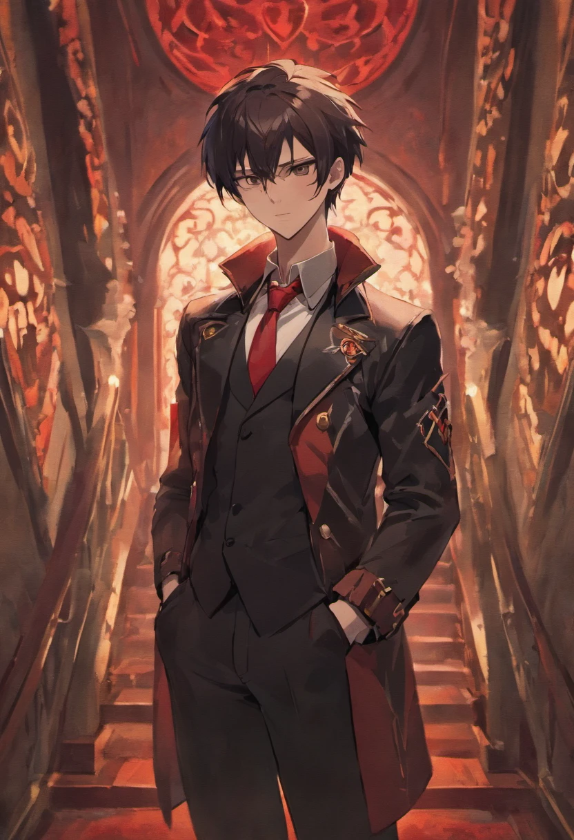 Beautiful, gorgeous, charming, charming male vampire. Strong chin, stubble, full lips,Stained with red paint,wearing the black leather jacket,Standing in the foyer of a beautiful hotel