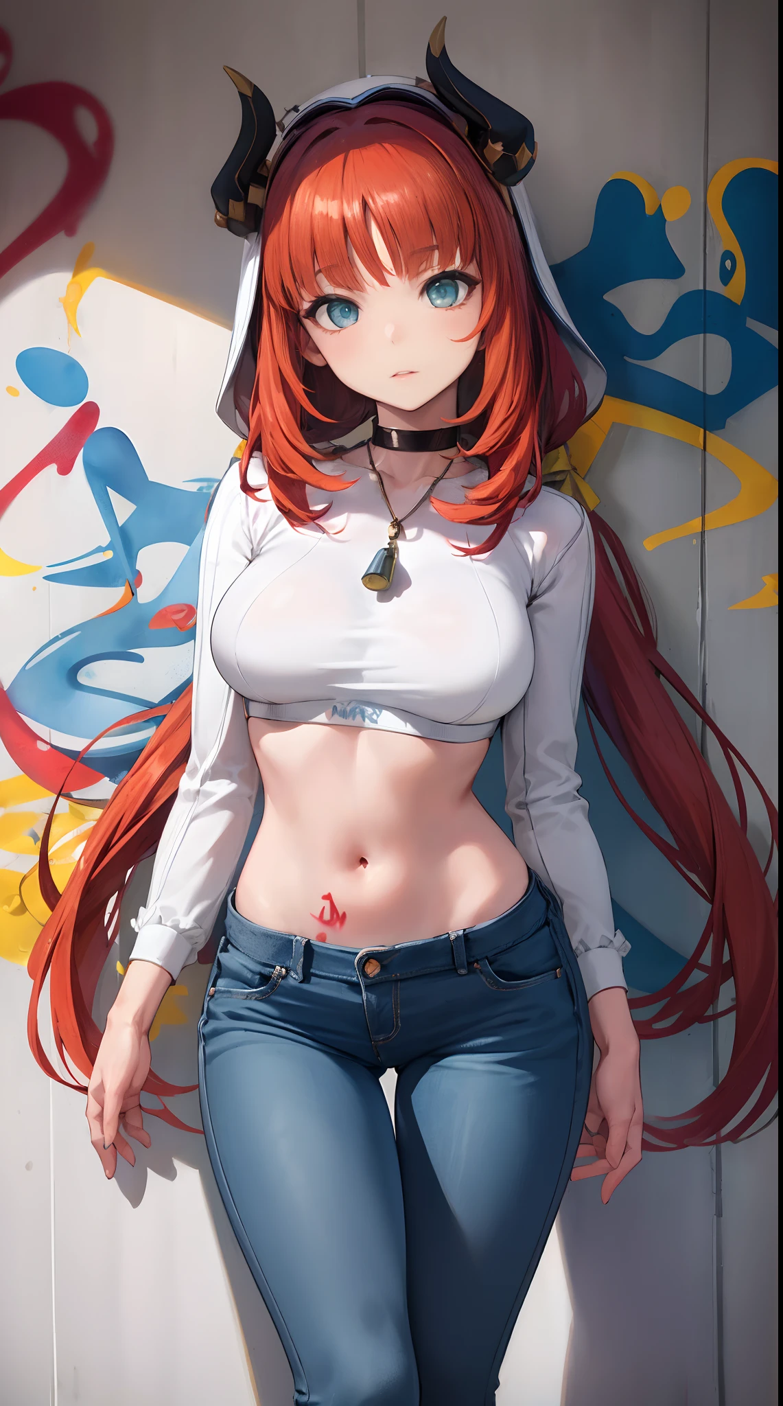 nile|genshin impact, master-piece, bestquality, 1girls,25 years old, proportional body, elongated legs, Beautiful, proportional., crop top, Long Jeans, mediuml breasts, ,bara, crop top, choker, (Graffiti:1.5), Splash with purple lightning pattern., arm behind back, against wall, View viewers from the front., Thigh strap, Head tilt, bored,(NSTDA.:1.2), (10, beste-Qualit, master-piece: 1.4), Beautiful red hair, ultra-high resolution, (lifelike, photorealistic portrait: 1.48), 20 age, Cute Girl, (Looking Through Crop Tops.), Famous Japanese actors, beautiful clear eyes, Head tilt, cowboy shot, from the front, looking at the audience, expressionless, Beautiful lake, Zeiss 150mm F/ 2.8 Hasselblad, Whole body, foot, Ultra-Wide Angle,