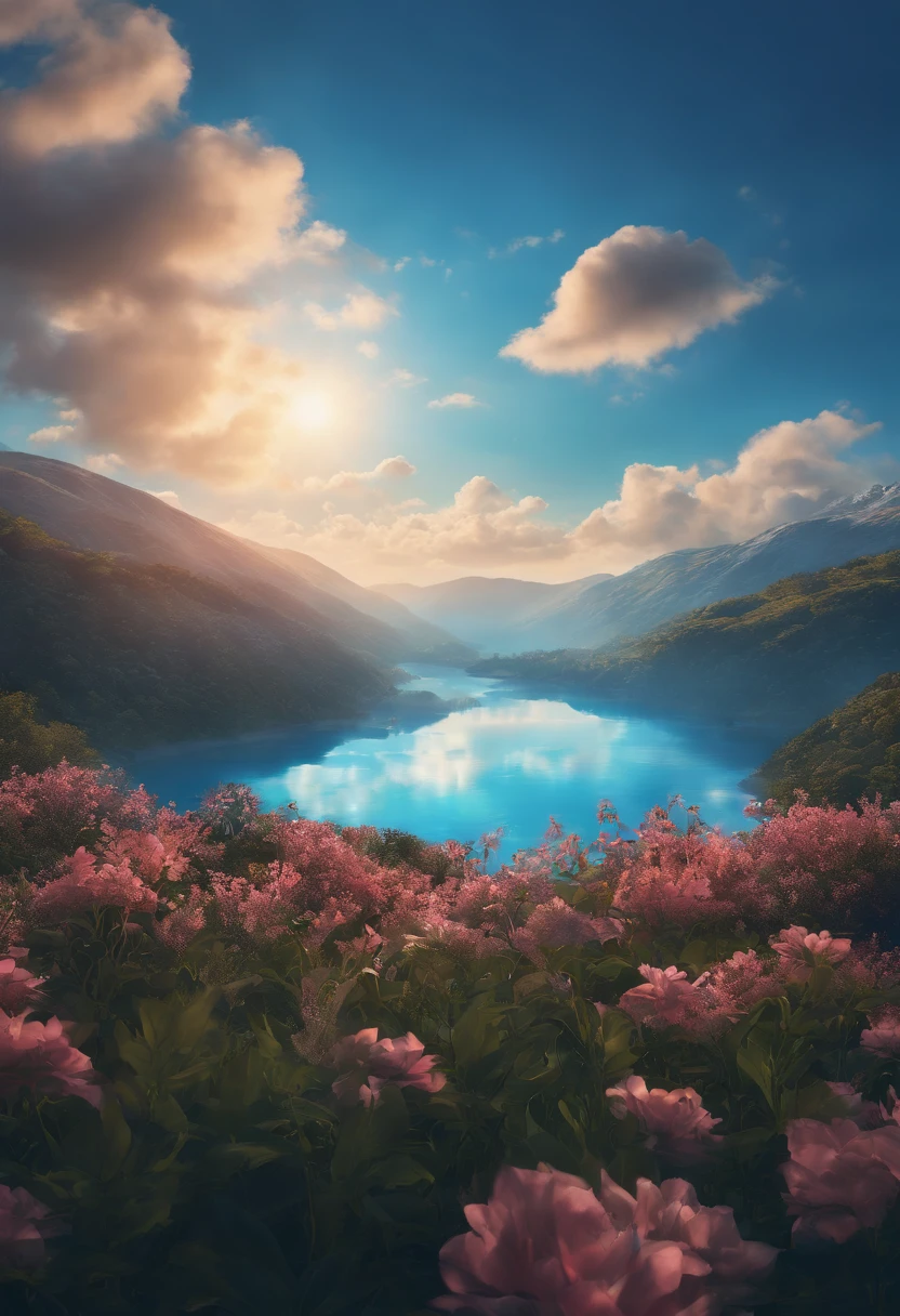 create a Blue Sky scene, 8k, estilo anime, desenho vetor, predios, Vision of the Esector in the Air, dia bonito, dia limbo, ceu azul, ceu bonito, predios brancos, cores viva