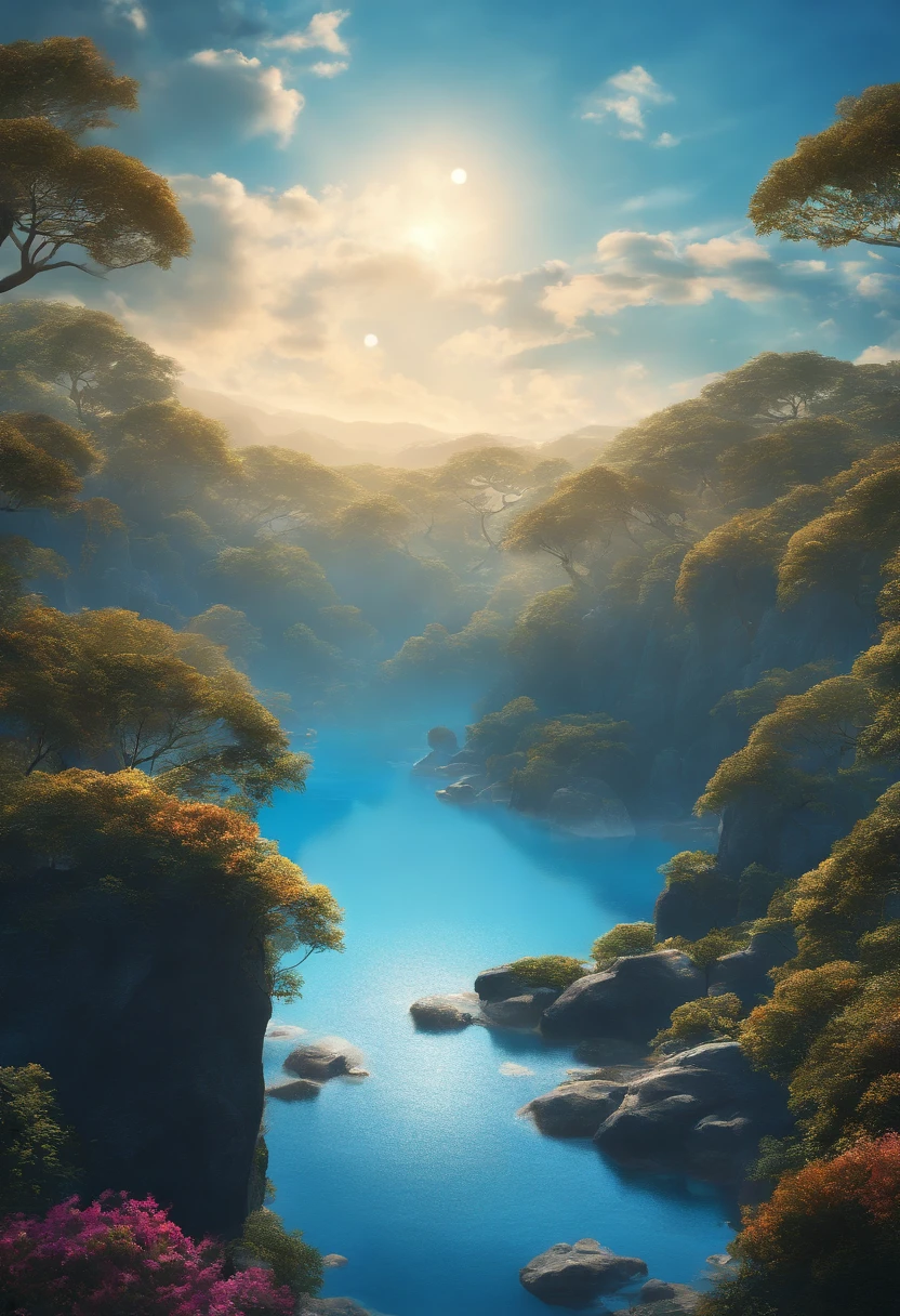create a Blue Sky scene, 8k, estilo anime, desenho vetor, predios, Vision of the Esector in the Air, dia bonito, dia limbo, ceu azul, ceu bonito, predios brancos, cores viva