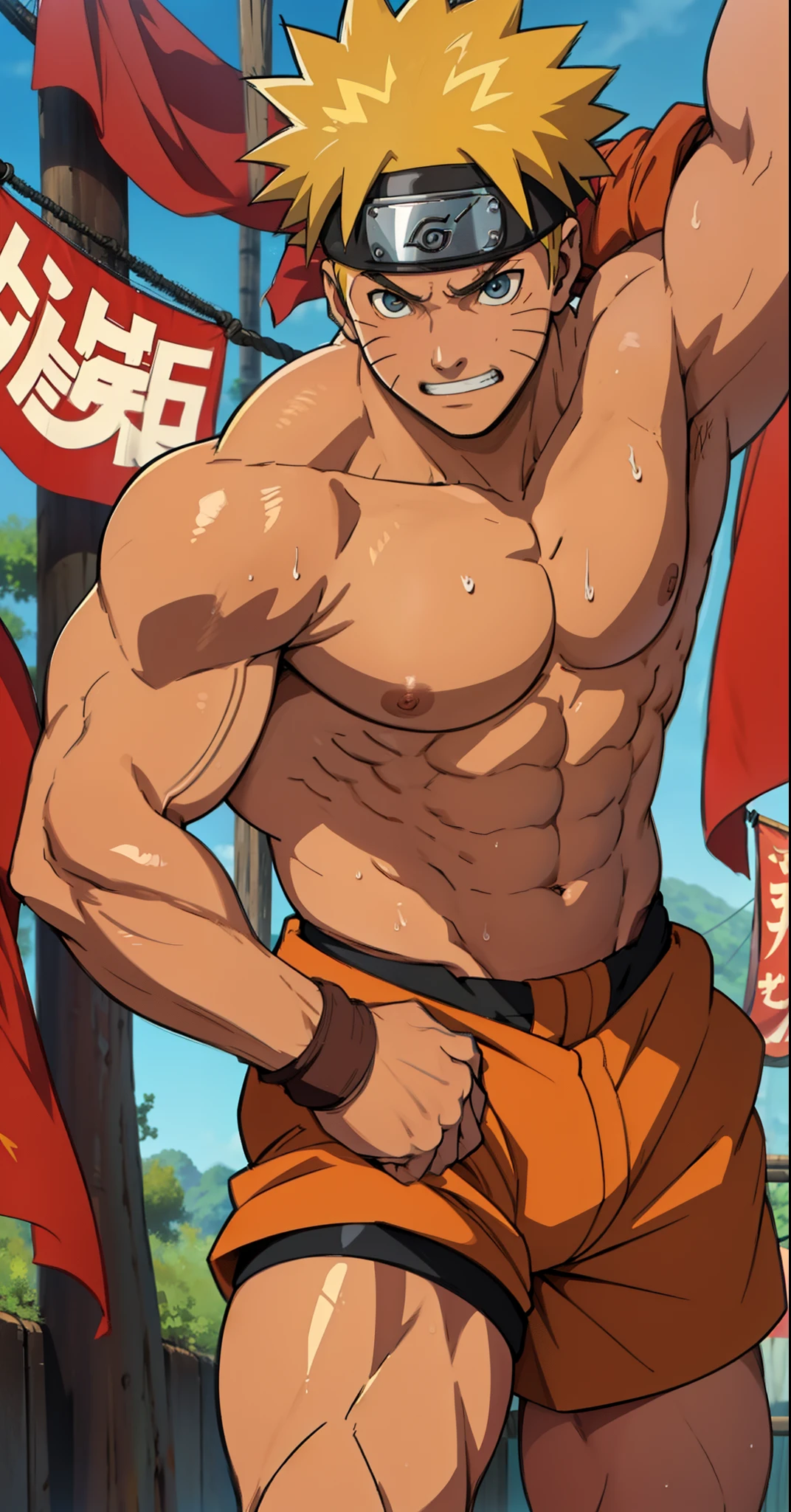 (Full body) (photo subject: Close-up of muscular thigh muscles ) (photo angle from bottom up)(Drawings of Naruto anime) (photo angle from the ground upwards) [Anime photo][highest quality photo][4k,HD photo quality]  wear tight loincloths (muscular thigh muscles, firm thigh muscles, muscular thigh muscles, sinewy thigh muscles, giant thigh muscles, strong leg muscles, muscular hamstring leg muscles) ,Uzumaki Naruto fun, happy,bodybuilder,bodybuilding, standing, red skin,reddish brown skin, lots of sweat flowing down, topless, shirtless, hot sunny, (do not wear banners,do not wear headbands)