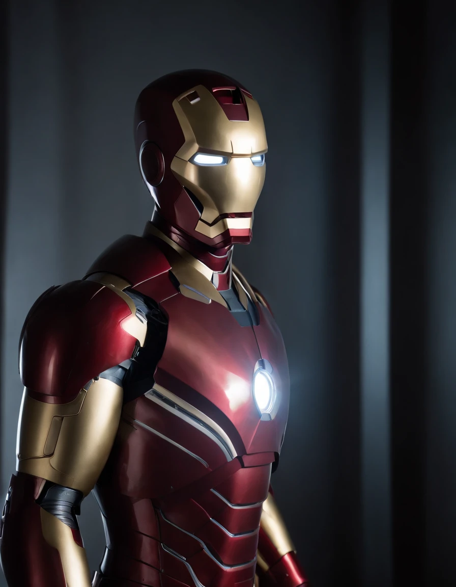 Iron Man in dark room, backlit portrait, chiaroscuro portrait, low-key, dark portrait, high contrast dramatic lighting, dramatic portrait, dark moody backlighting, low key dramatic lighting, portrait soft low light, portrait.