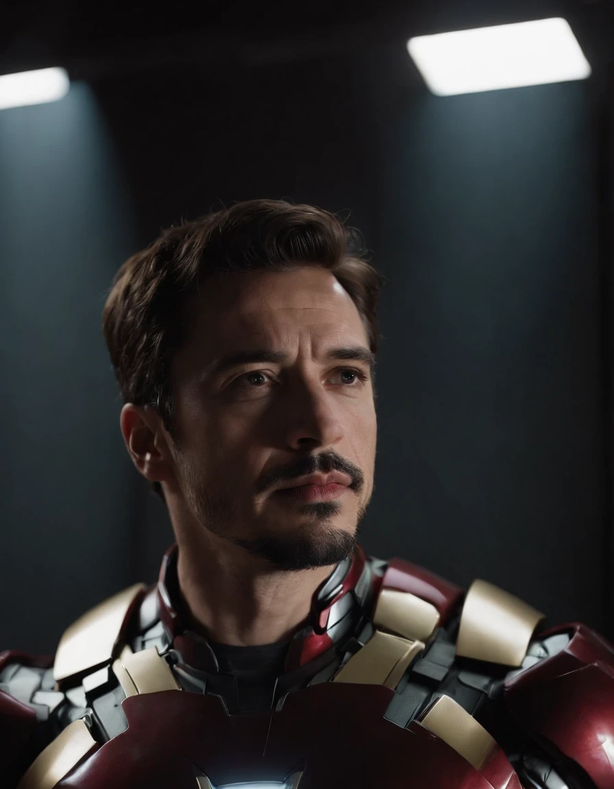 Iron Man in dark room, backlit portrait, chiaroscuro portrait, low-key, dark portrait, high contrast dramatic lighting, dramatic portrait, dark moody backlighting, low key dramatic lighting, portrait soft low light, portrait.