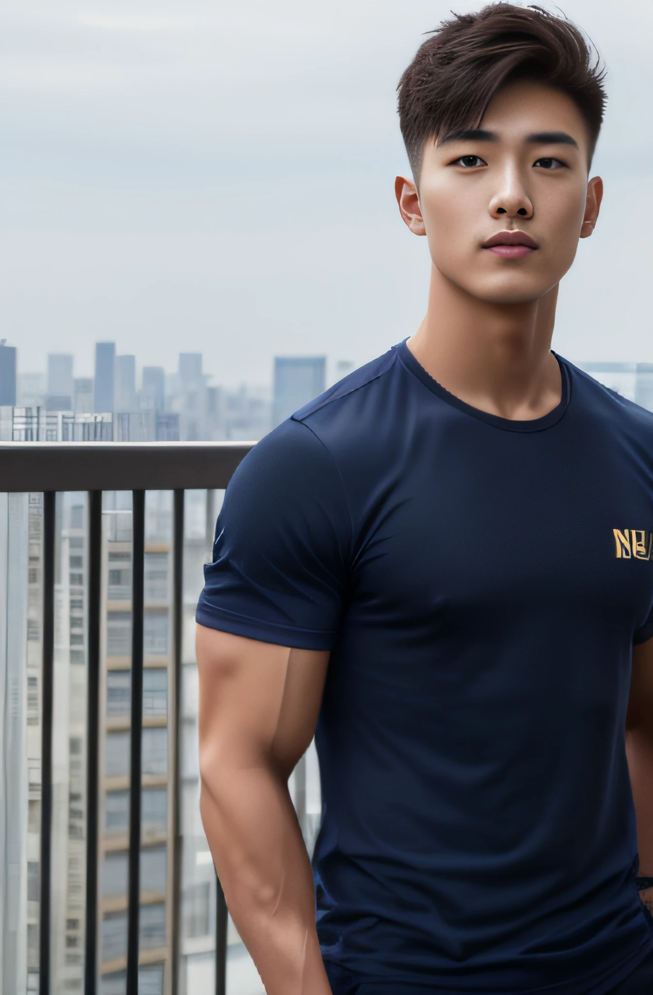 A handsome men ,20 age , Short Hair Hair, korea , Student，(((Wear a navy shirt without stripes....))), Full body view ,Pectoral muscles, Wide shoulders ,athlete , Upper body (1),  It's raining: 1.3, On the edge of high-rise buildings: 1.2, body dripping wet: 1.1,