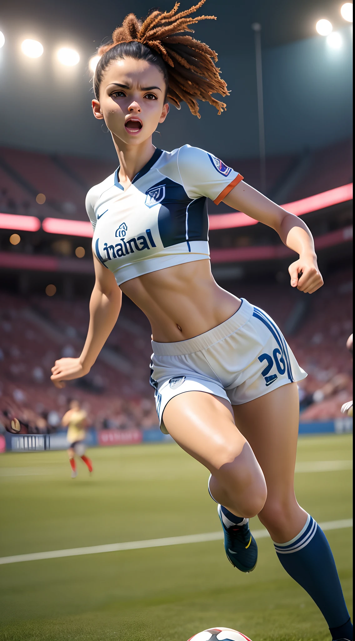 a soccer player,athletic,energetic,graceful movements,lithe,aerodynamic,dribbling the ball,scoring a goal,celebrating victory,stunning footwork in action,sprinting on the field,sharp turns and twists,precise passing,perfect balance,fast-paced gameplay,striking athleticism,sweating,passionate,emotional,team spirit,dedicated training,competitive,exciting match atmosphere,roaring crowd,bright stadium lights revealing every detail,high-quality action shots,close-ups of the player's face,showing determination and focus,professional footballer,masterpiece:1.2,HDR,UHD,vivid colors,dynamic lighting,realistic rendering.