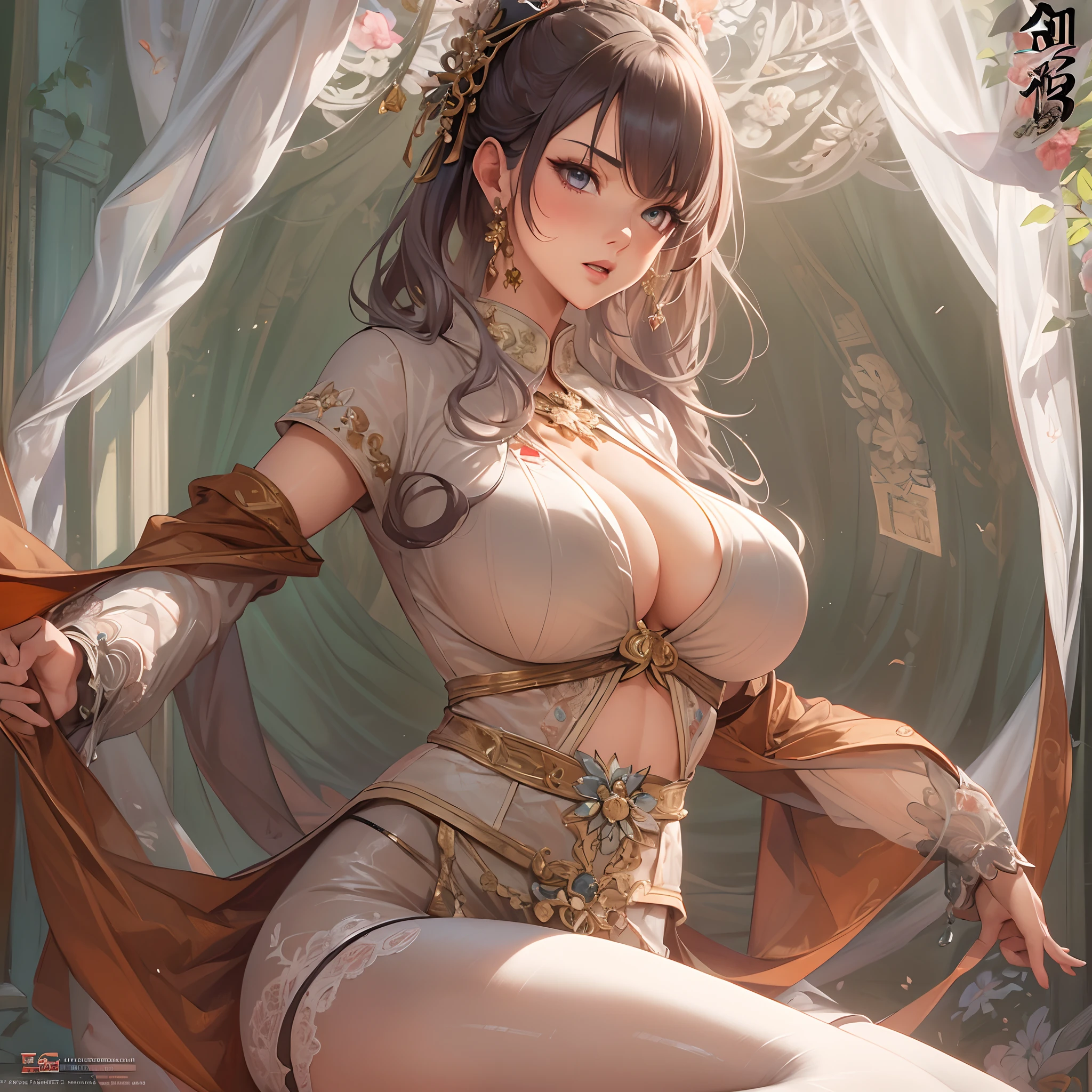 ((Masterpiece, Highest quality)), Detailed face, full bodyesbian, perfectly proportions，Full of details, Martial arts girl，big breasts exposed cleavage，lacepantyhose，epic exquisite  character art，Natural light