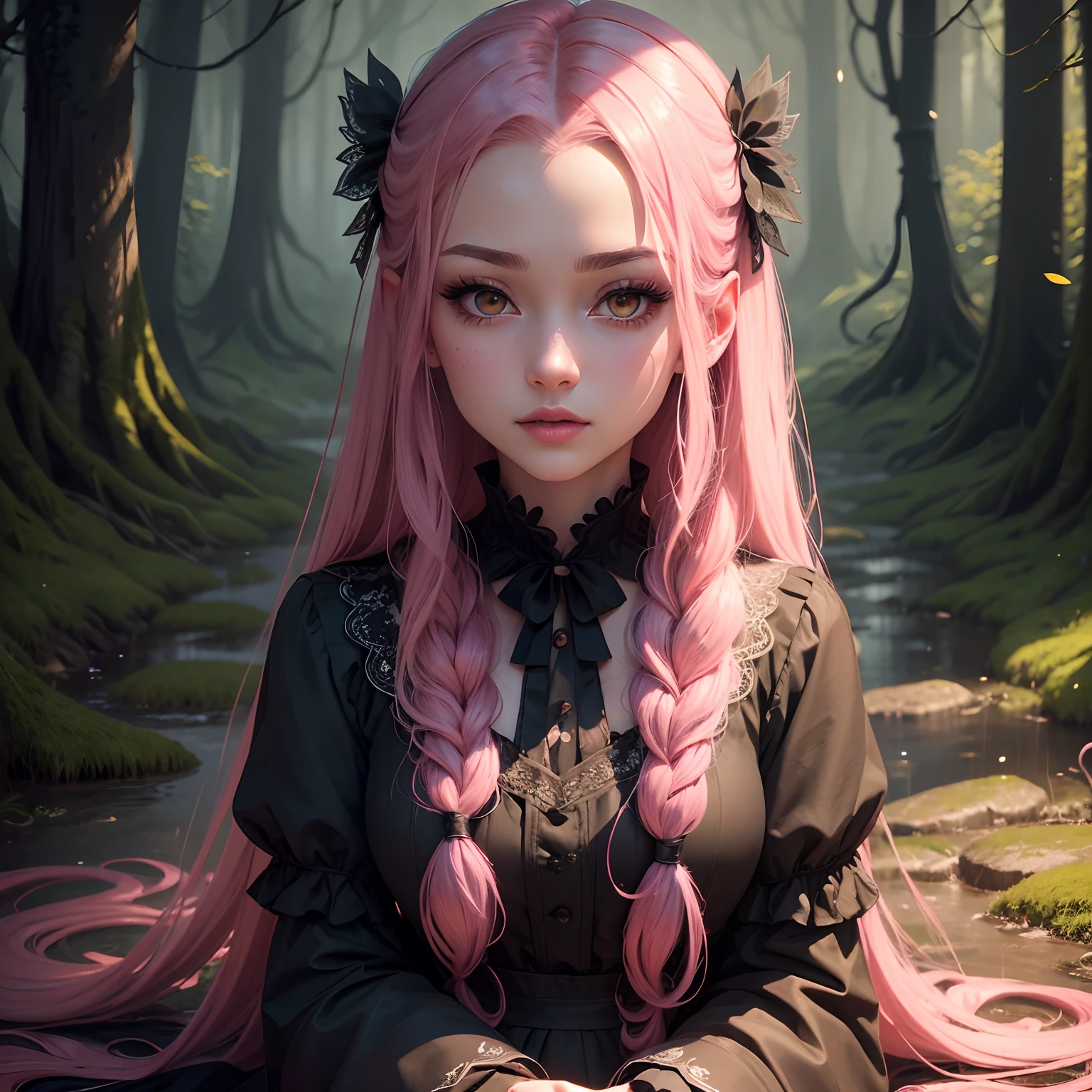 (masterpiece, highres, high quality:1.2), intricate details, cinematic lighting, A stern girl in Japanese maid's clothes, long stockings sits on the wet grass, in a dark forest, lot in the rain at night. Dark anime drawing in gothic pixiv style , pink hair, blue eyes, ocean color eyes, high-quality, fireflies plenty at background, Pink hair, very long hair, hair intakes, makeup, lipstick, (mole under mouth:0.8), eyelashes, yellow eyes, ultra detailed eyes, ultra detailed face, ultra detailed lips, ultra detailed lipstick, ultra detailed makeup, rainy forest