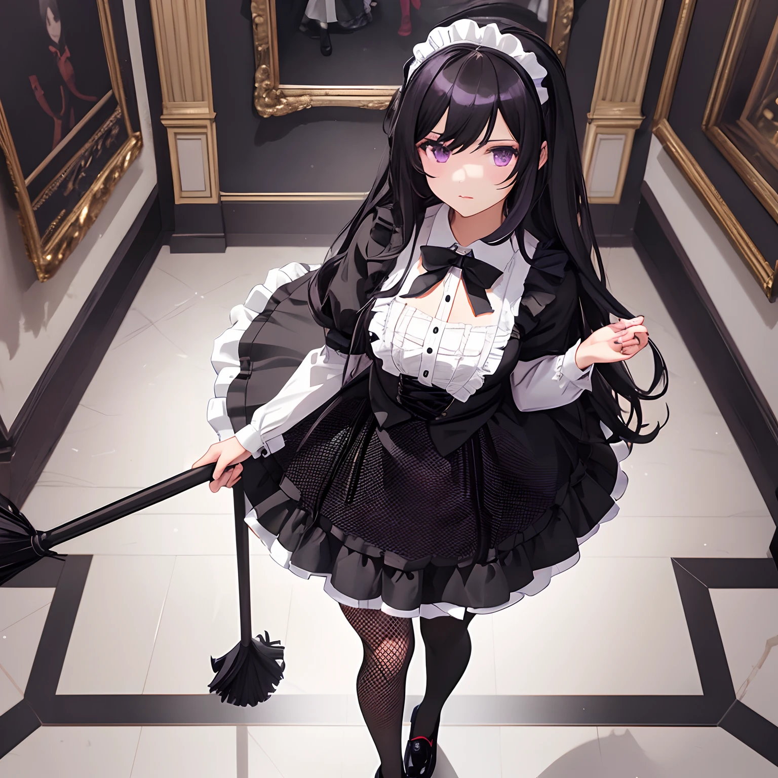 1girl, waist-high, black long disheveled hair, dark purple eyes, Maid costume, fishnet pantyhose, black shoes, broom in hand, The Black Drawing Room in the Palace