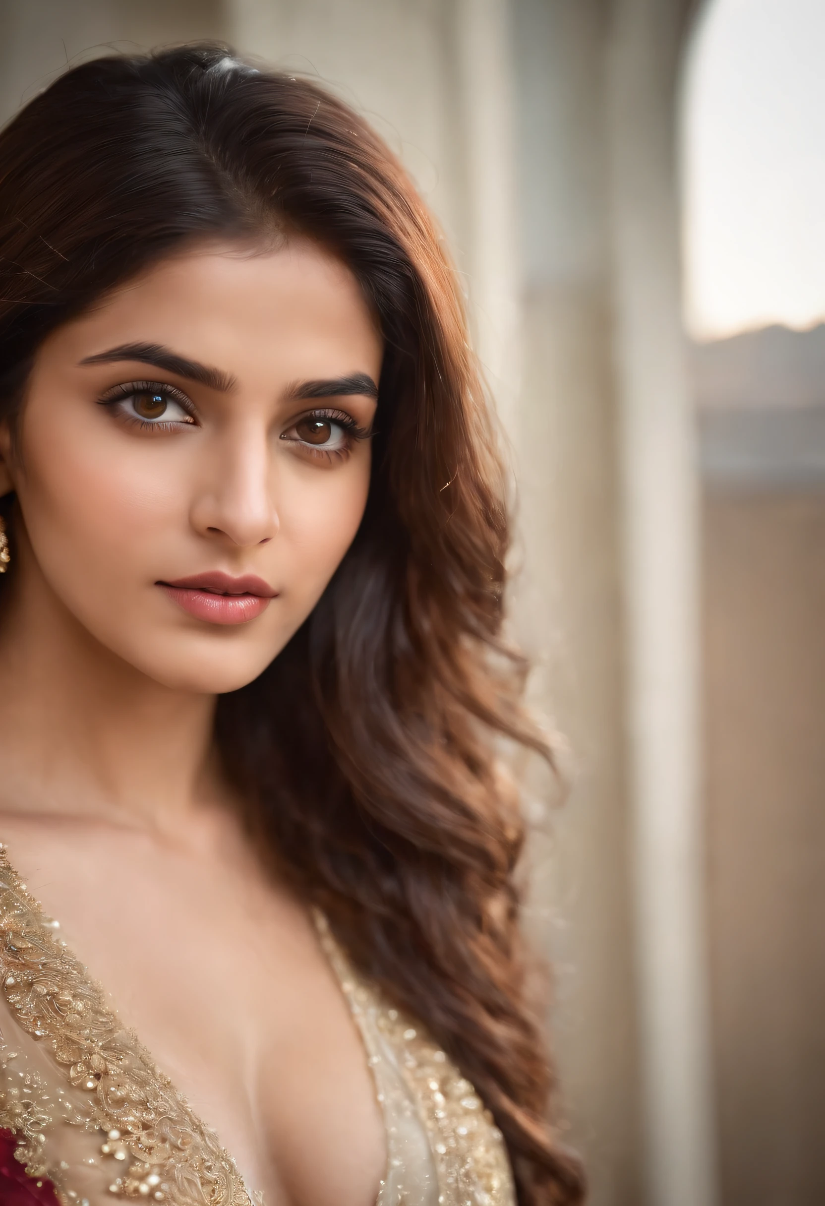 ((RAW, analog style)), face, extremely detailed full body color photo of a 29 y.o girl, beautiful face, beautiful eyes, ((small nose)), big natural lips, ((fabric dress)), medium breasts, healthy body, beach, ((film grain, skin details, high detailed skin texture, 8k hdr, dslr)), indian female model rubina tandon, close-up picture of rubina tandon, Sexy figure, hot looks, long hair, sparkling day dreams eyes