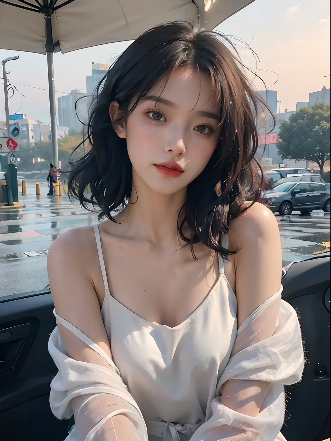Random posture, mix4,(8k, RAW photo, best quality, masterpiece:1.2), (realistic, photo-realistic:1.37),1girl,cute,cityscape, night, rain, wet, professional lighting, photon mapping, radiosity, physically-based rendering,, gradient black colour hair,, White hair, short curly hair, handsome, girl, white ball suit, top quality picture, high resolution, 1080p, (clear face), (detailed facial description), (detailed hand description), (masterpiece), (exquisite CG), extreme light and shadow, messy hair, master's work, rich details, (fine facial features), (highest quality picture), (masterpiece), (detailed eyes),Look ahead with your eyes,Fine collarbone