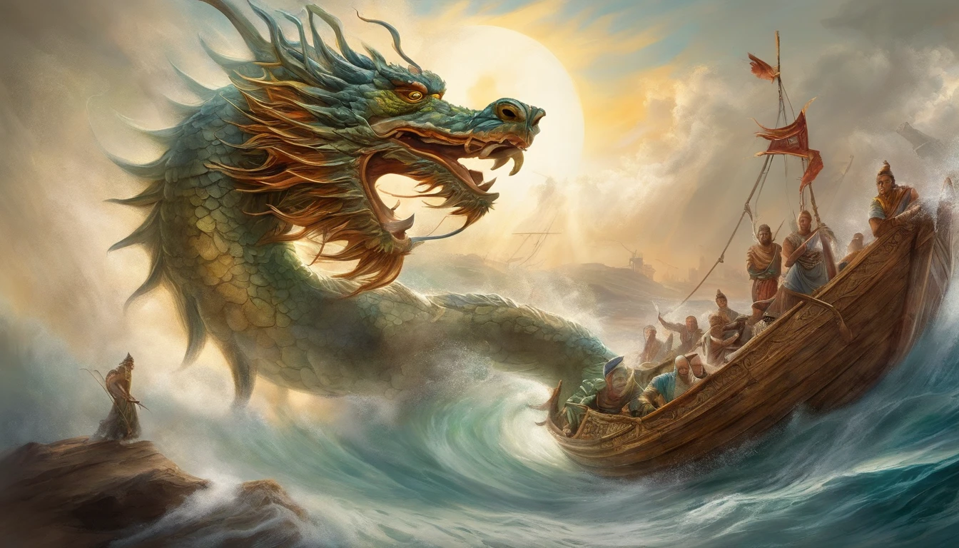Vickers style, The graphics in the poster design are ocean colors, Chinese dragon in ink painting,, a Buddhist monk, As a water god, Living in the North Sea, Control thunderstorms at sea, an ancient Chinese god, Super sharp,Realistic details,Auspicious clouds, depth of fields, God Ray, fantasy coloring, romanticism lain, art-deco, Cinematic lighting, Depth of field, Sparkle, god light, Ray tracing, Ultra-wide angle, first person perspective, Wide shot, hyper HD, High quality, High details, Textured skin, Best quality