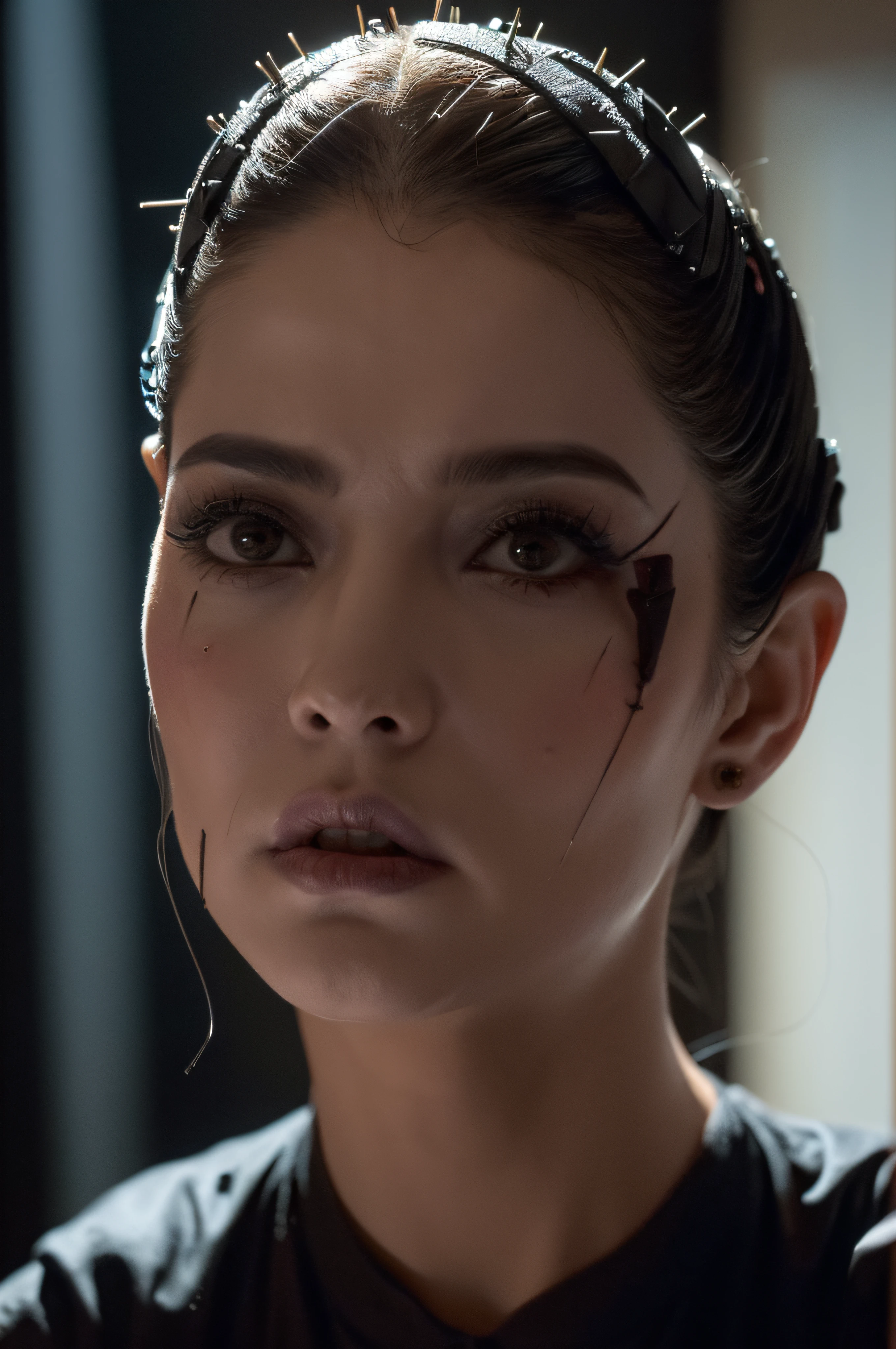 "(The best lighting, oscuro, dramatic),(Mujer alien, Hellraiser, triste, Cicatrices, , sexy, cerebro, sangre, una rata dentro de la cabeza, terror.),(ojos rojos, calaveras). morning light.