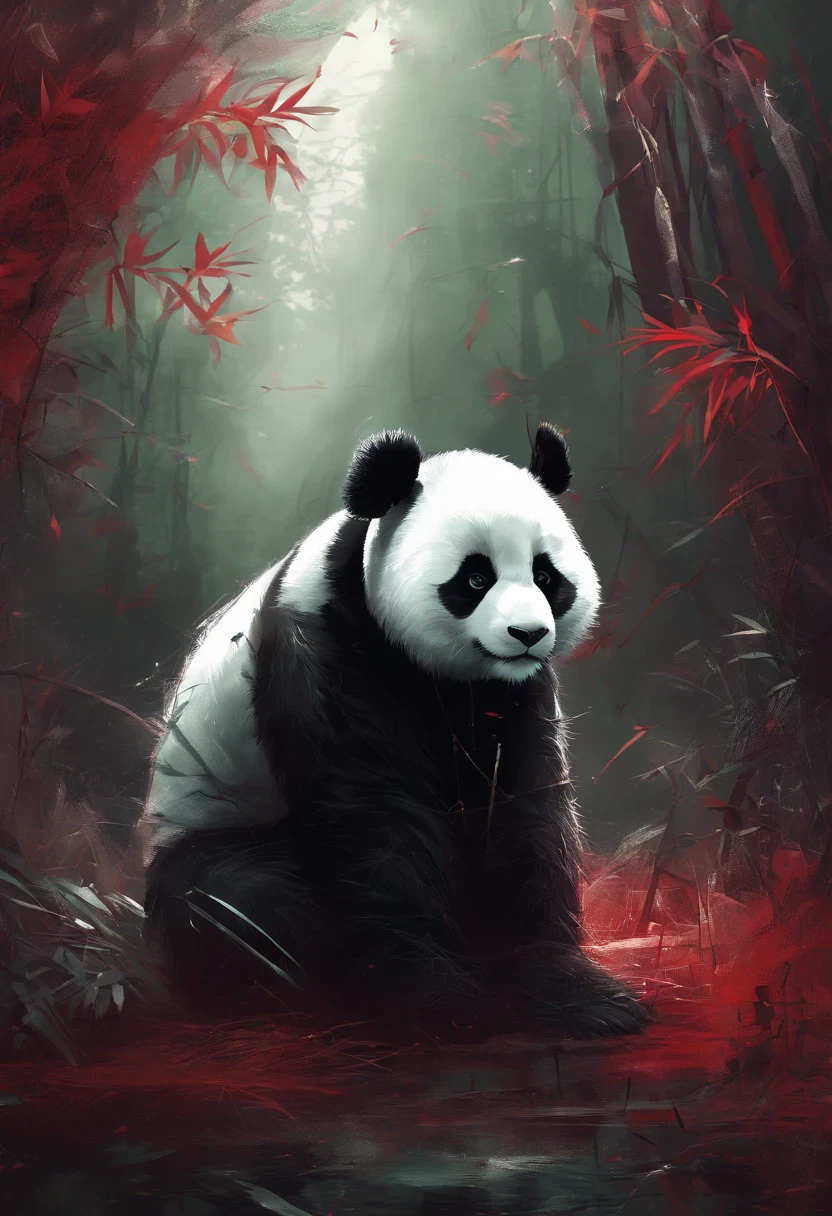 A panda holds up an embroidery of bamboo in a filthy environment,His eyes glowed red with anger