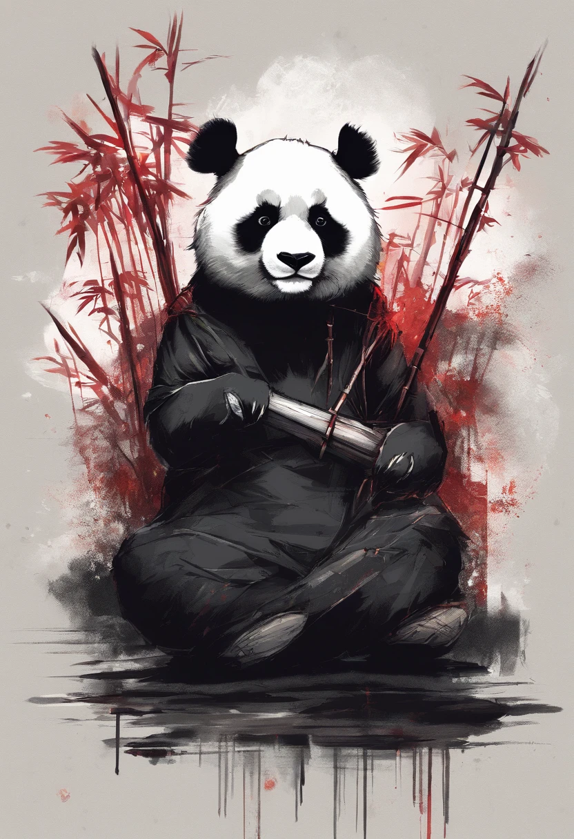 A panda holds up an embroidery of bamboo in a filthy environment，His eyes glowed red with anger