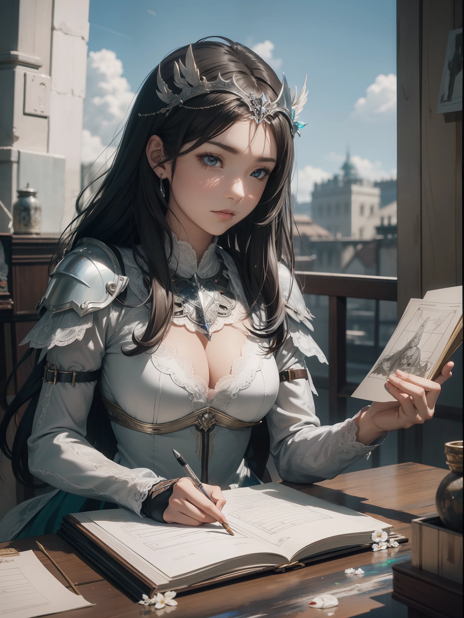 Silver hair,hentail realism, shadowing,,character sheets, reference sheet, Standing painting, 8K, Super detail, 1080p, Women's HD,femele, 16k, high resolution, Best quality, High quality, Anatomically correct, Masterpiece, ccurate, hyper HD,As graceful as a swan,unreal-engine, Ghibli-like colors, anime big breast, Standing painting, angle of view,battle armor,ssee-through,Lace skirt,Fluorescence behind it,showing belly,Red infracing