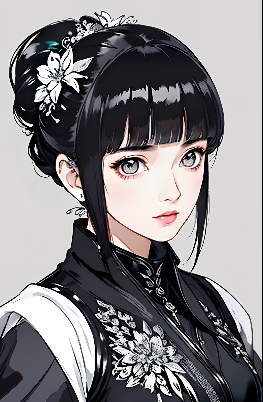 masterpiece,best quality,upper body,1girl,Extremely beautiful clothes(different stlyes),colored with greyscale background,airbrush \(medium\),polar opposites,half updo,flower-shaped pupils,cheek poking,three sided view,Blunt Bangs