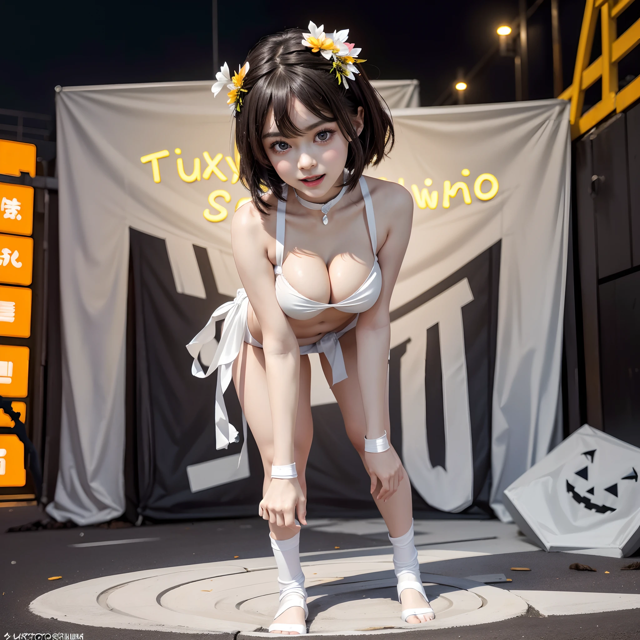 (((NSFW STILL SHOW, 12 Tiny Girls in a row:1.2, Shibuya Hachiko-mae scramble crossing on Halloween:1.2))), ((masterpiece:1.2, best quality, photorealistic:1.37)), {(Standing Full Body:1.2)|(from below:1.2)}, short silver hair, {School Uniform|naked bandage|tutu}, ((Detailed KAWAII face), Detailed Oily Porcelain skin), {Bustling street|(Passerby schoolgirls)| halloween| neon}, {(Childish:1.2|Gigantic Cleavage:1.37|Underboob:1.2)}, {flower wreath|Red leather high collar}, {Kissing face to face|Floating hair|Strong wind|(Ass focus)},{:p|:d|laugh|sparkle|joyful|delighted},extremely Detailed,