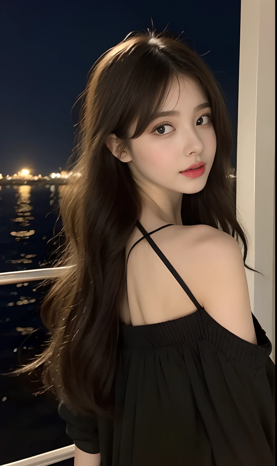 (Original photo of 8K,best qualtiy,tmasterpiece:1.2),(Medium view),the night,Night on a yacht,Sea and night view in the background,best qualtiy,tmasterpiece,(Small mouth:1.2),short- sleeved,short- sleeved,short- sleeved,short- sleeved,an extremely delicate and beautiful one,,astounding,finely detailled,tmasterpiece,Best quality at best,(age 22:1.2),Narrow waist,Slim,is shy,Pure,adolable,Bushy hair,Soft hair,big breasts beautiful,A detailed eye,(long whitr hair:1.2)