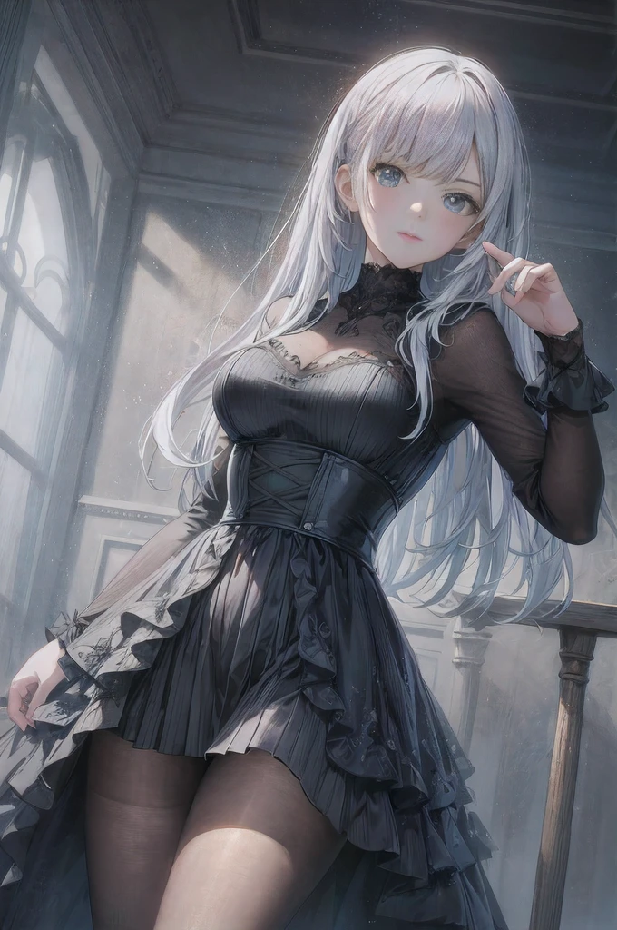 anime girl in a black dress posing for a picture, in dress, Anime girl wearing black dress, cute anime waifu in a nice dress,leg loops, Smooth anime CG art, 8K high quality detailed art, Fine details. Girl front, trending on artstation pixiv, gothic maiden anime girl, from girls frontline, photorealistic anime girl rendering,Contre-Jour,Cinematic texture,Light and shadow changes,