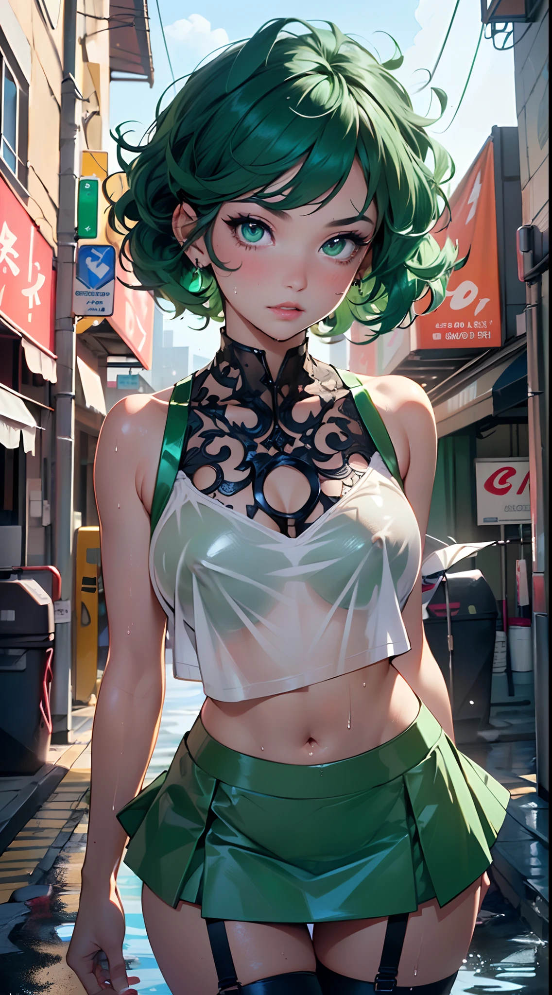 girl youtuber,(((1girl))),((extremely cute and beautiful green curly-haired girl)),

(short breasts:1.4),big butt,(((green curly hair:1.35,very curly hair,colored inner hair,ear breathing,short hair))),(((green_eyes:1.3))),intricate eyes,beautiful detailed eyes,symmetrical eyes,big eyes:1.3,((fat)),(((lustrous skin:1.5,bright skin: 1.5,skin tanned,shiny skin,very shiny skin,shiny body,plastic glitter skin,exaggerated shiny skin,illuminated skin,wet legs))),detailed body,(detailed face),

cute,slutty,seductive,erotic,(((nsfw))),

zettai ryouiki,revealing clothing,show skin,((rave mini-skirt,visible thong straps,white loose tank top with an anime art print)),((wet clothes,intricate outfit,intricate clothes)),

(dynamic pose:1.0),embarrassed,(centered,scale to fit dimensions,Rule of thirds),

cyberpunk city by the ocean at night, with bright neon signs and dark stormy clouds and puddles, scenery:1.25,

artistic photography,(photography taken by sldr),highres, sharp focus, (ultra detailed, extremely detailed), (photorealistic artwork:1.37),(extremely detailed CG unity 8k wallpaper),((synthwave background theme)),(((vibrant colors))),(intricate background),(masterpiece),(best quality),