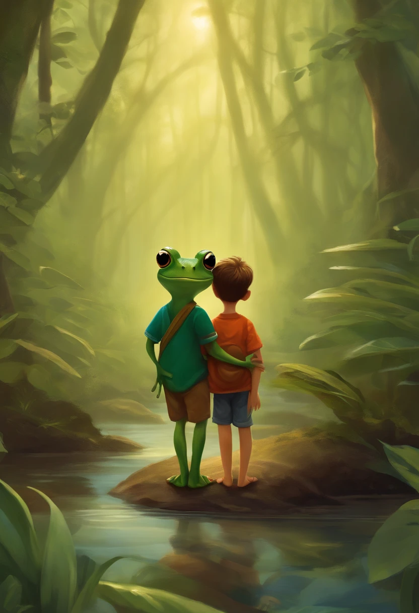 Illustrate the bond between frog and boy as he visits you daily, sharing stories and laughter. Transmitir sua amizade crescente, Palavras transcendentes. Caminhando na floresta