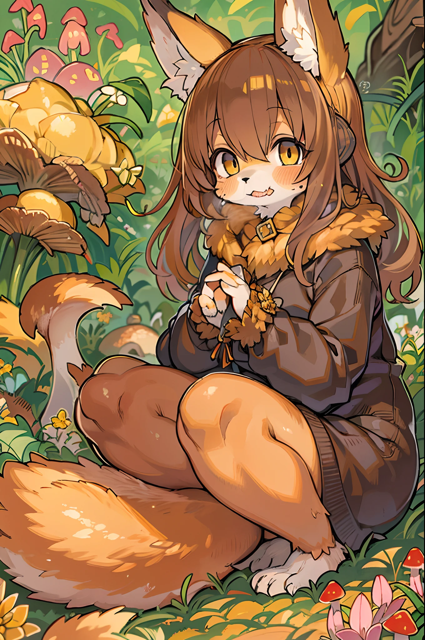 Fox, (Monster Girl), long brown ears with a dark brown inside,,,,, brown fur, Sunburned neck fluff, brown fluffy tail with a yellow-brown tip,,,,, Big brown eyes, wearing modest clothing, Sitting in the mushroom garden, masutepiece, Best Quality、autumnal