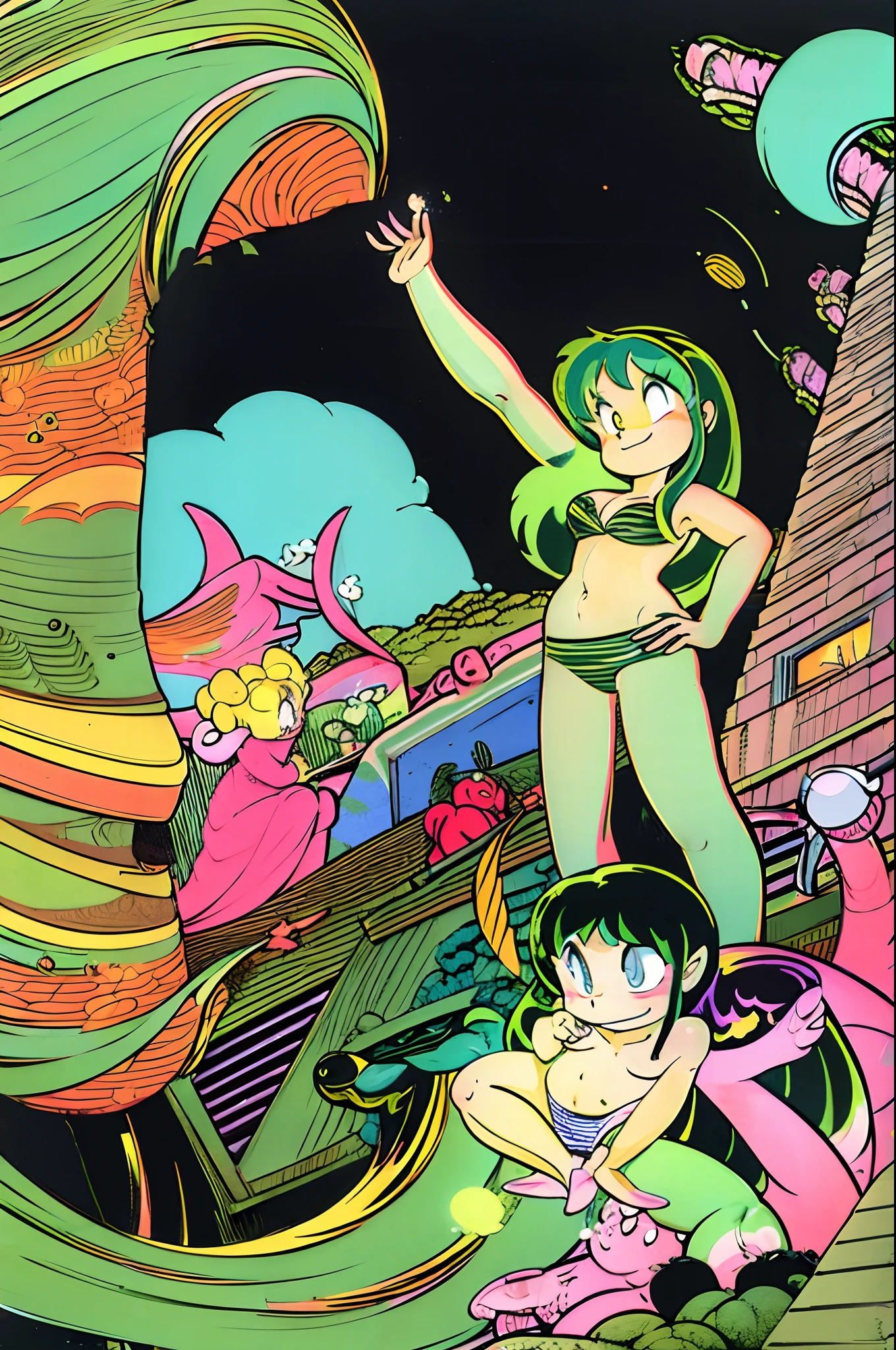 lum, oni, bikini, green hair, standing, full body, city