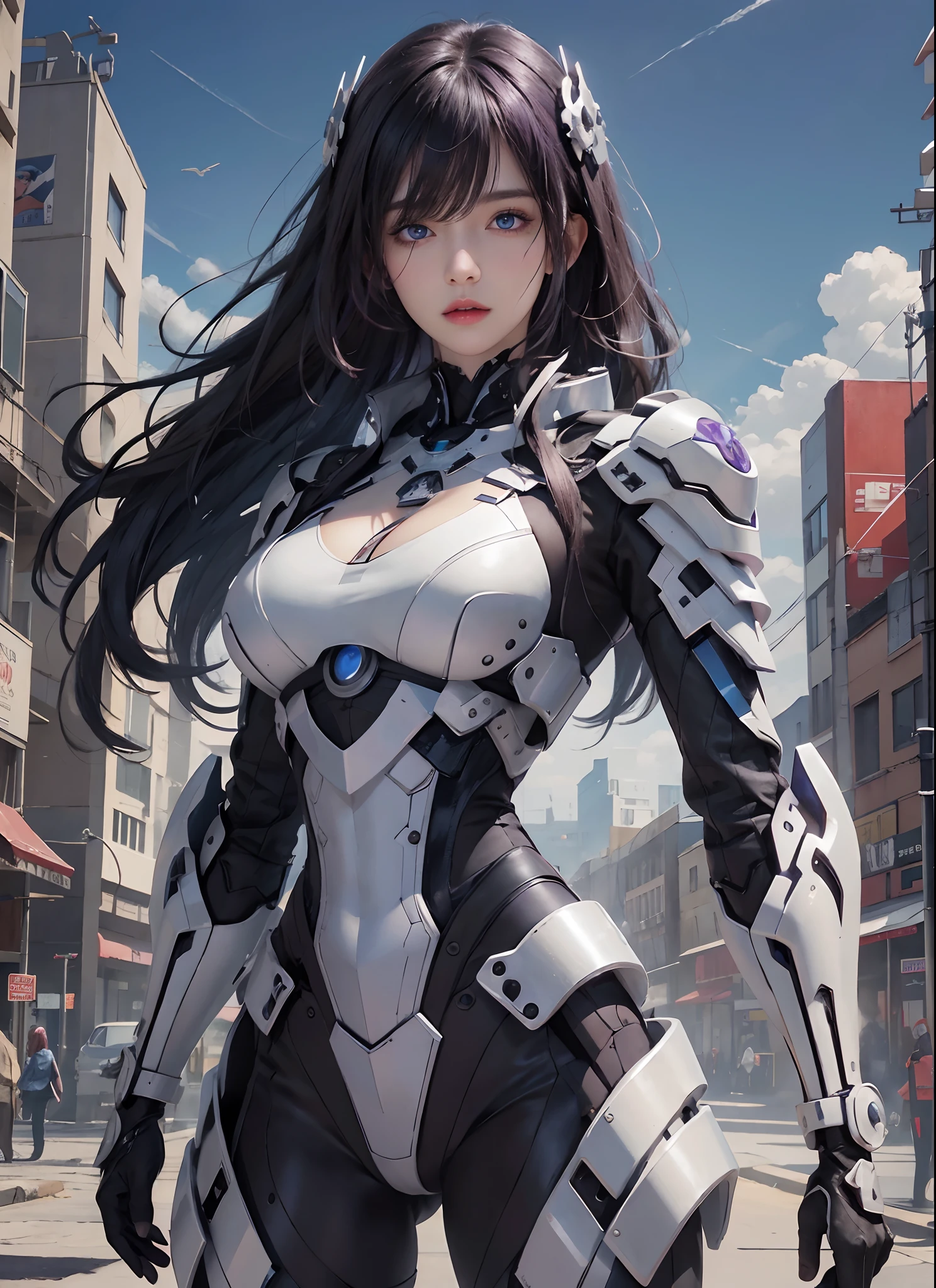 photorealistic, high resolution, 1 women, solo, hips up, look at viewer, (detailed face), black purple hair, medium breasts, innocent blue eyes, long hair, weapon