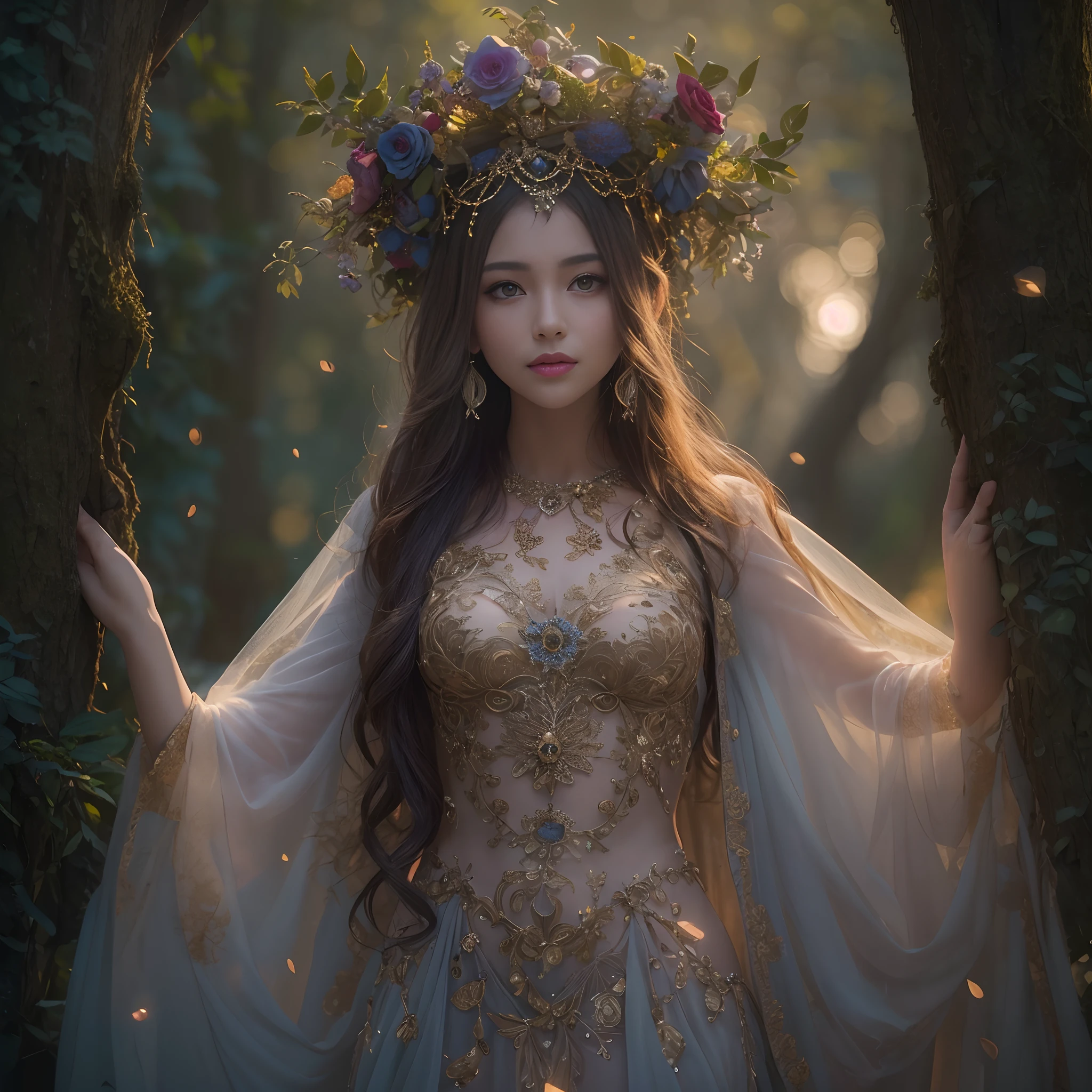 (((UHD))), (((masterpiece))), (((8k))), (((highres))), (((Surrealism))), (((cinematic lighting))), god rays, zoom layer, (((fullbody shot))), f/4.0, Canon, shiny skin,detailed skin,detailed face, detailed eyes, Sophisticated fairy, Noble countenance, Penetrating gaze, Silken flowing hair, Graceful demeanor, Delicate skin, Ornate dress adorned with intricate details, Serene smile, Aura of wisdom and experience, Dusky forest, Towering trees, Ancient aura, Enchanting lights, Twilight hues, Lavish gown, Rich colors, Intricate flower crown, Mature fairy
