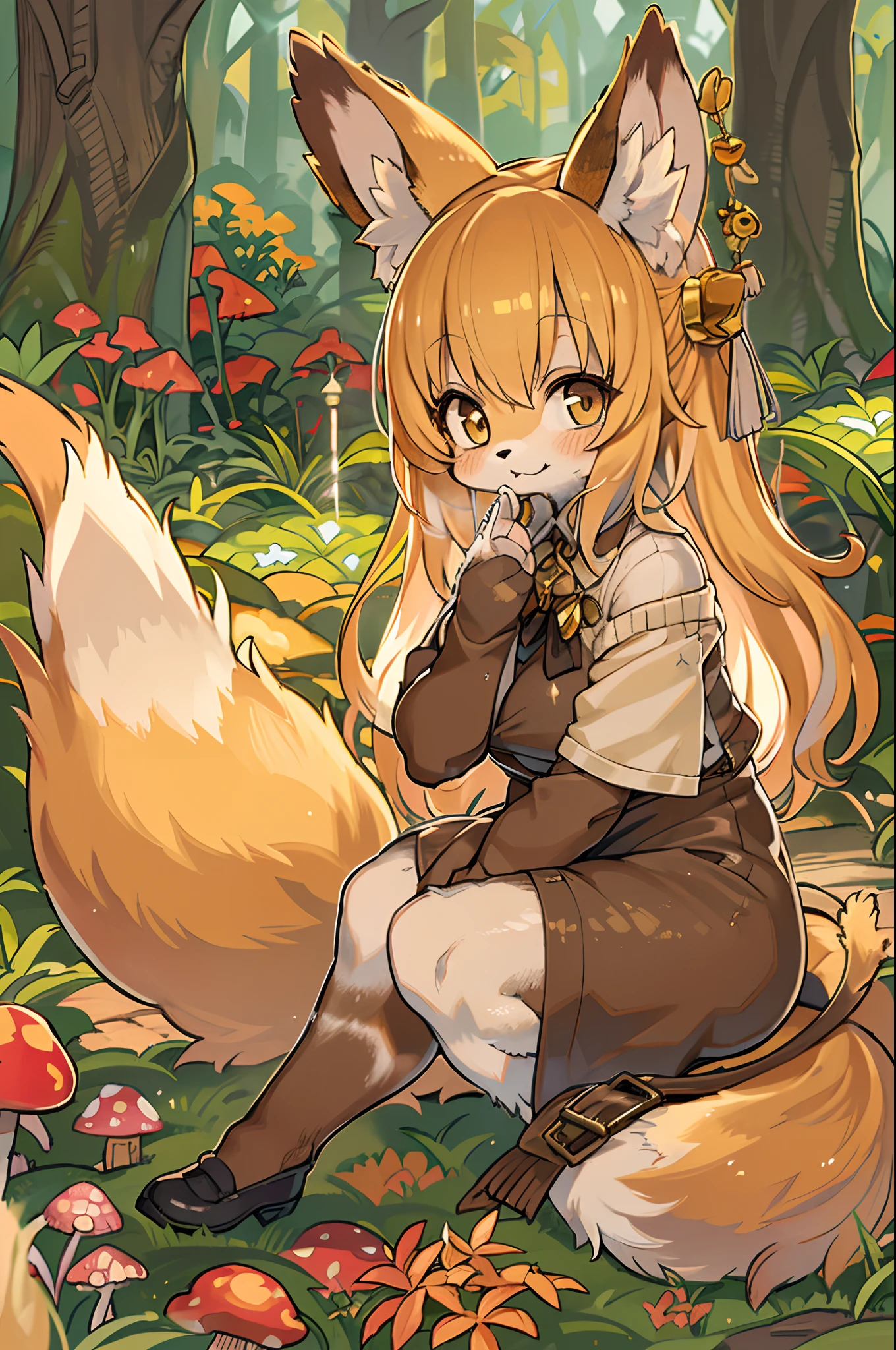 HDR, Excellent quality, 1. Slug Girl, in armor, white transparent body, transparent skin, translucent body,  Foxtail, short tail, One Tail, Squatting pose, with a beautiful face,  ssmile, woods