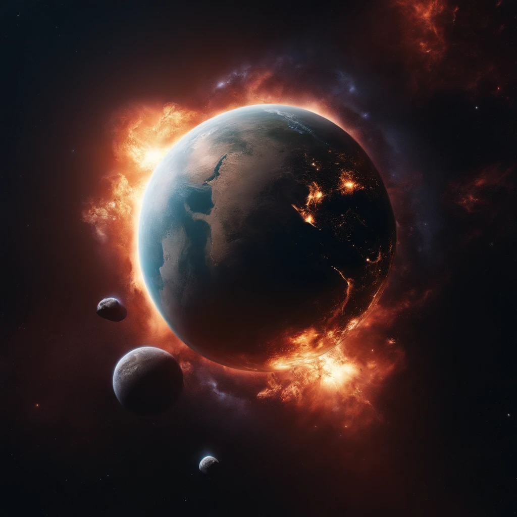 Best Quality, hight resolution, destroyed planet after explosion in middle of image, view from space, background is dark space