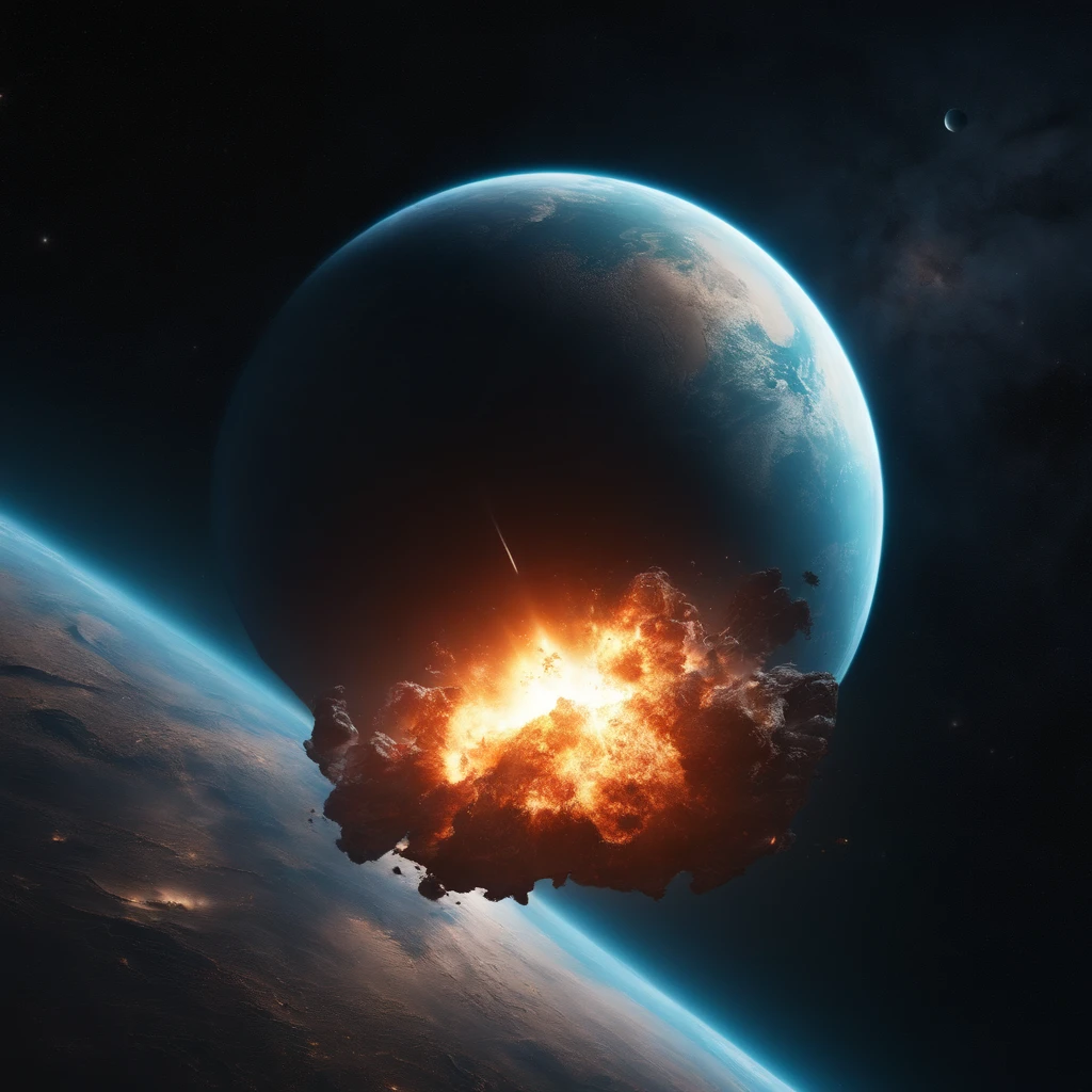 Best Quality, hight resolution, destroyed planet after explosion in middle of image, view from space, background is dark space