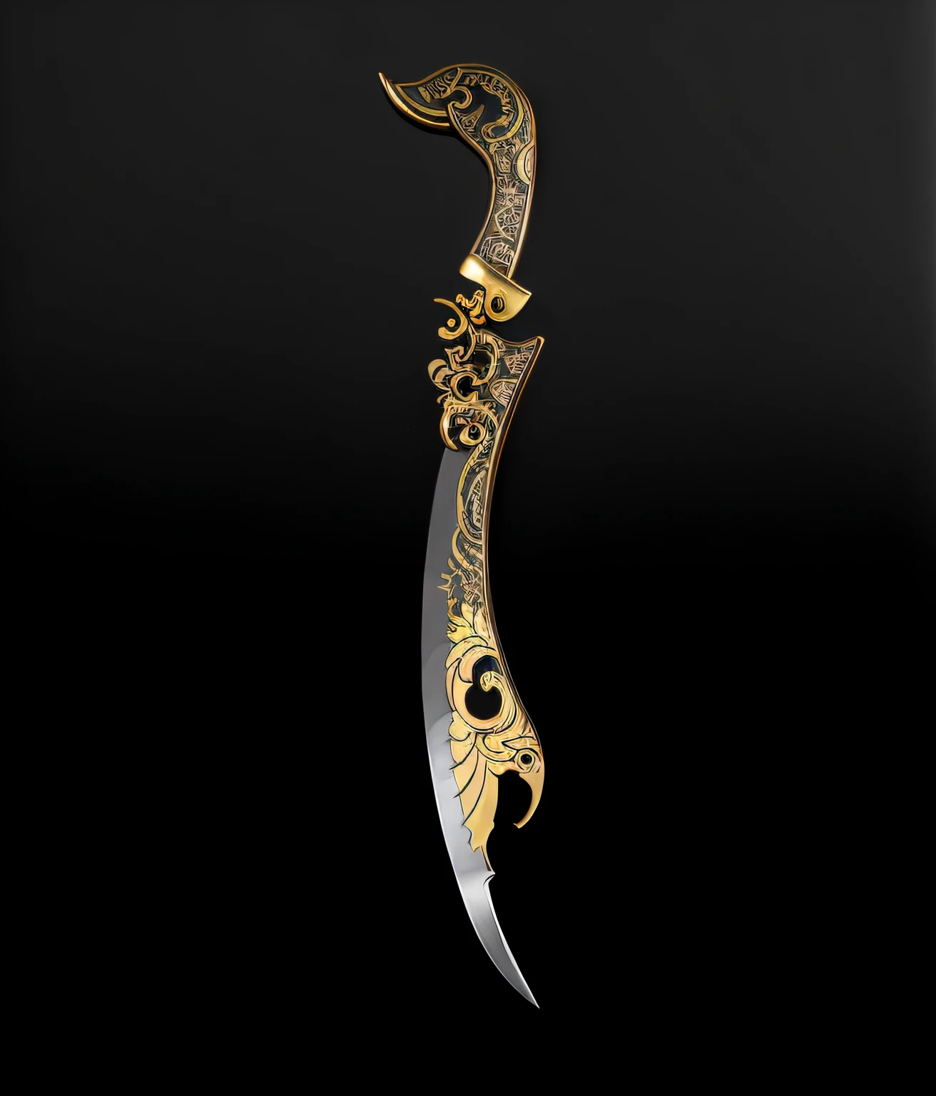 Close-up of a knife with a gold and silver pattern,Bronze pattern，chinese style，Oriental elements，Delicate carved pattern，Ultra-clear image quality