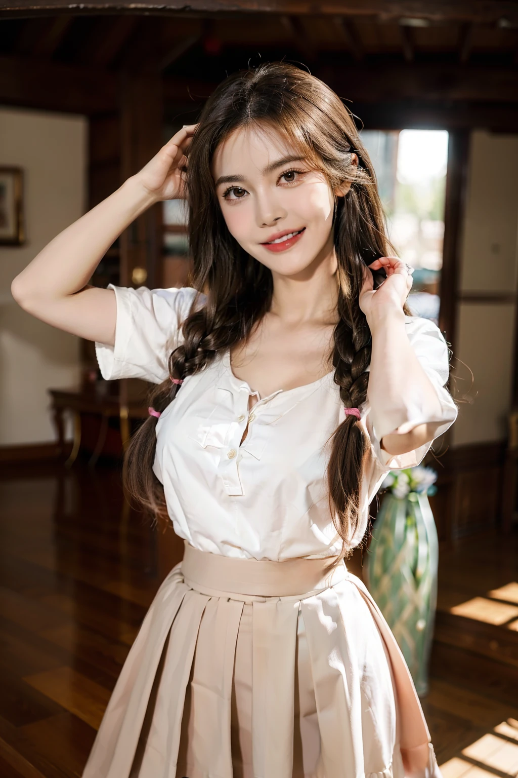 Masterpiece, Best quality, Realistic, Full-HD, 1 girl, Real girl, Long brown hair, Exercise, Braided hair, ribbon on hair, Golden eyes, Brown skin, medium boob, Happy face, Big smile, Open mouth, Traditional Mexican skirt, Pink Mexican skirt, Dynamic movements, White blouse, Short sleeves, Red high heels, dynamic dance pose, full bodyesbian, Perfect anatomy,Bigchest，cleavage