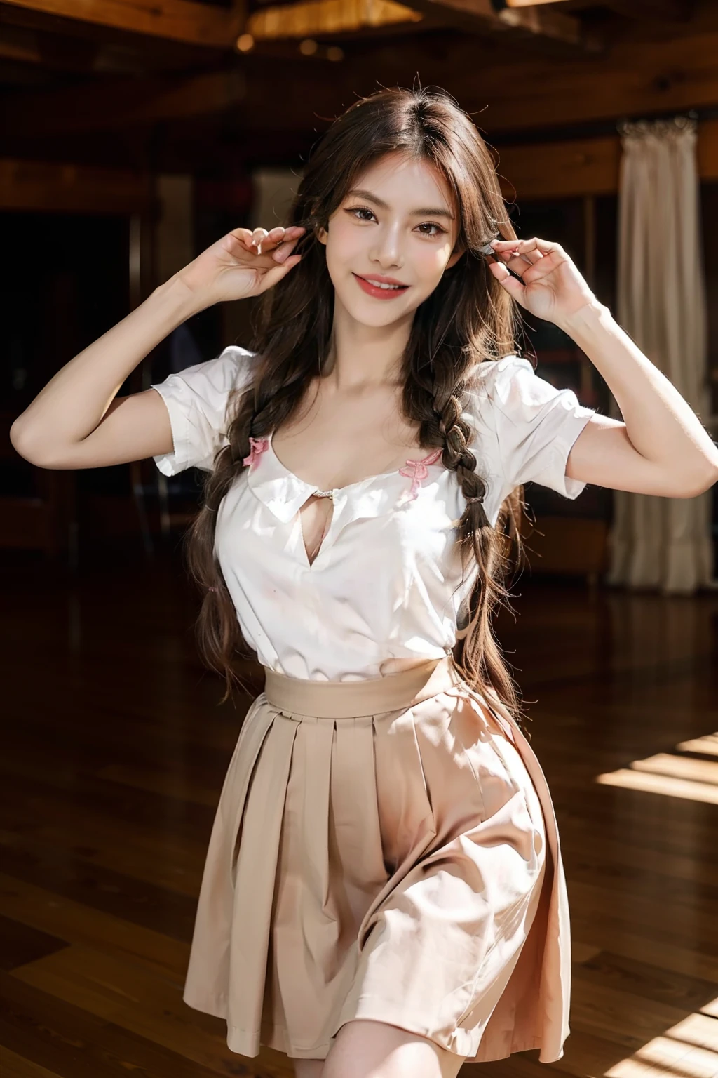 Masterpiece, Best quality, Realistic, Full-HD, 1 girl, Real girl, Long brown hair, Exercise, Braided hair, ribbon on hair, Golden eyes, Brown skin, medium boob, Happy face, Big smile, Open mouth, Traditional Mexican skirt, Pink Mexican skirt, Dynamic movements, White blouse, Short sleeves, Red high heels, dynamic dance pose, full bodyesbian, Perfect anatomy,Bigchest,cleavage