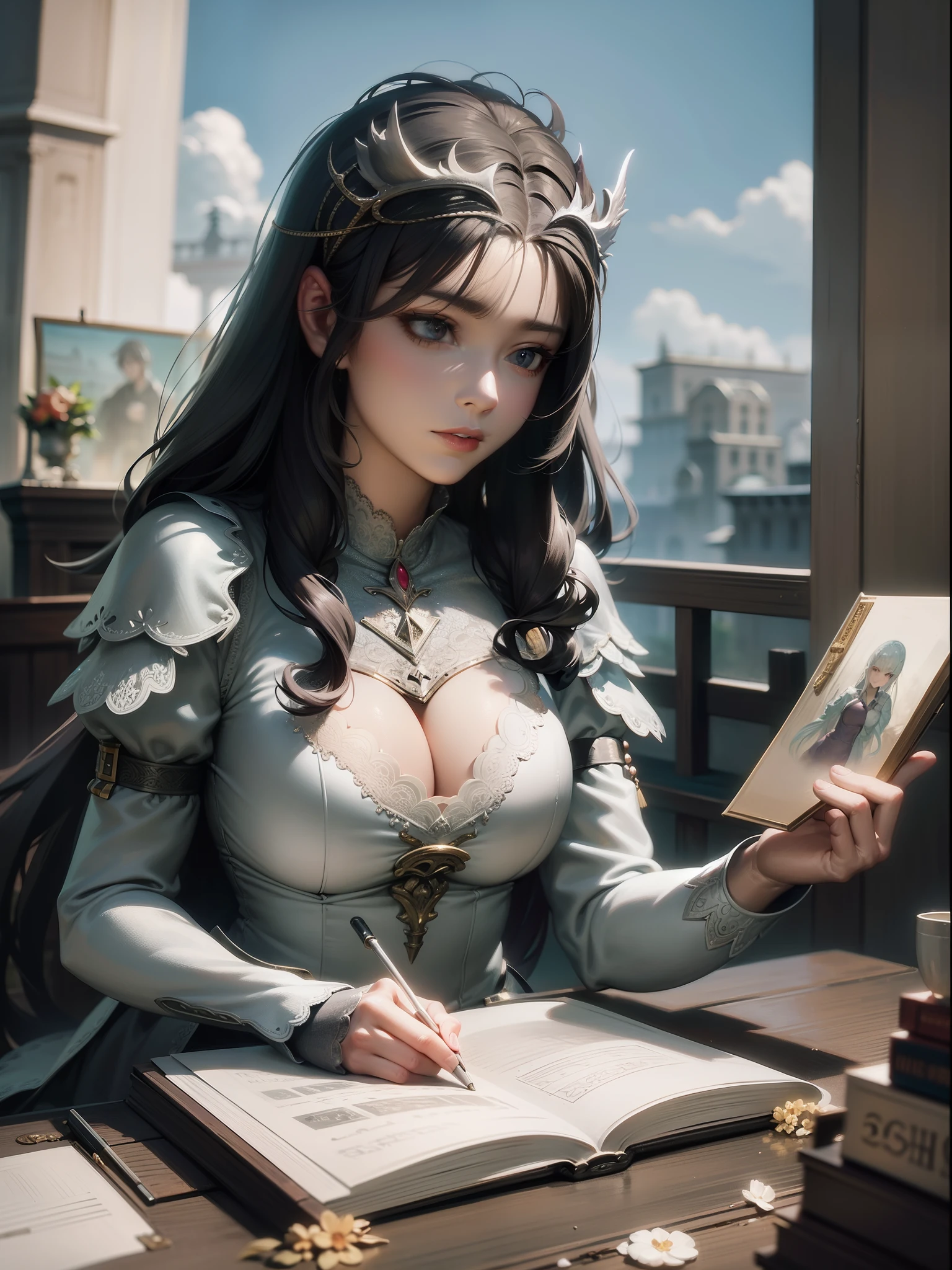 Silver hair,hentail realism, shadowing,,character sheets, reference sheet, Standing painting, 8K, Super detail, 1080p, Women's HD,femele, 16k, high resolution, Best quality, High quality, Anatomically correct, Masterpiece, ccurate, hyper HD,As graceful as a swan,unreal-engine, Ghibli-like colors, anime big breast, Standing painting, angle of view,battle armor,ssee-through,Lace skirt,Fluorescence behind it,showing belly,Red infracing