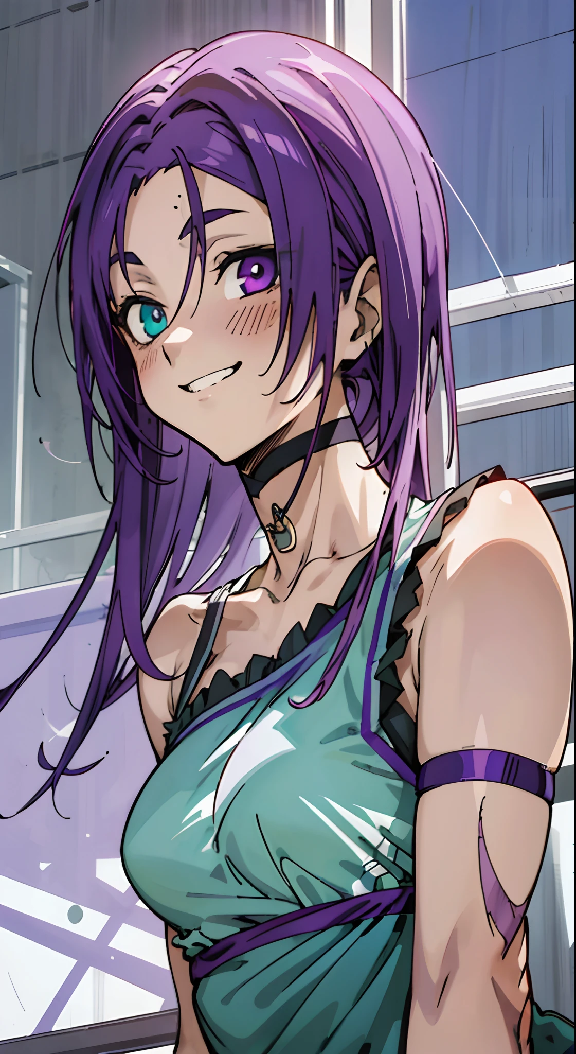 best qualtiy，tmasterpiece, High quality, Solo, Purple hair, length hair, Hairpin, Heterochromia, Green eyes, Purple eyes, Reo Mikage, Blue Lock, Bare shoulders, no sleeves, Camisole, chinese clothes, Choker, arm warmer, Scar , Happy face, Big breasts, red blush