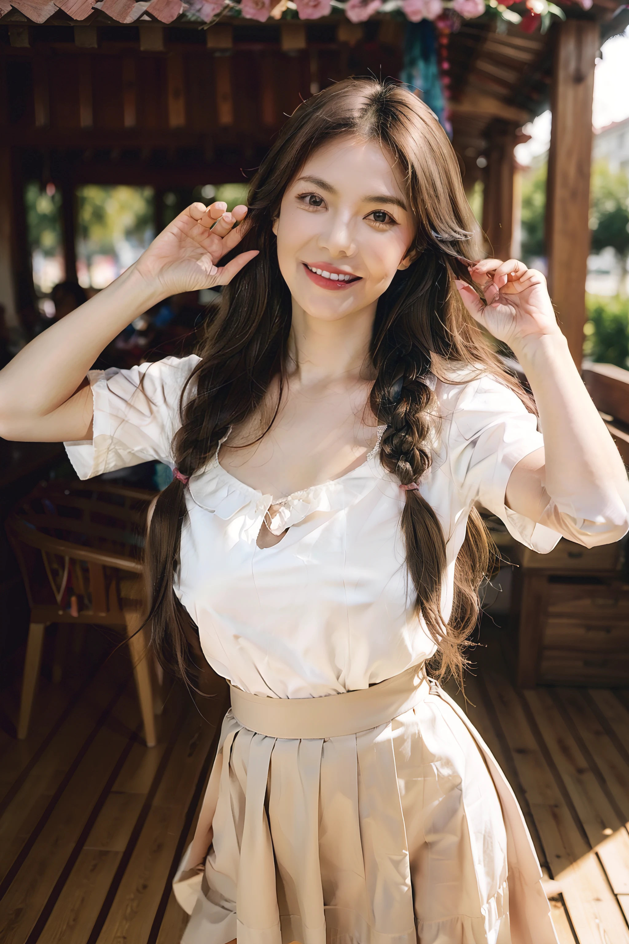 Masterpiece, Best quality, Realistic, Full-HD, 1 girl, Real girl, Long brown hair, Exercise, Braided hair, ribbon on hair, Golden eyes, Brown skin, medium boob, Happy face, Big smile, Open mouth, Traditional Mexican skirt, Pink Mexican skirt, Dynamic movements, White blouse, Short sleeves, Red high heels, dynamic dance pose, full bodyesbian, Perfect anatomy,Bigchest,cleavage
