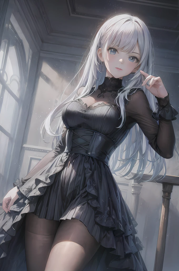 anime girl in a black dress posing for a picture, in dress, Anime girl wearing black dress, cute anime waifu in a nice dress,leg loops, Smooth anime CG art, 8K high quality detailed art, Fine details. Girl front, trending on artstation pixiv, gothic maiden anime girl, from girls frontline, photorealistic anime girl rendering,Contre-Jour,Cinematic texture,Light and shadow changes,