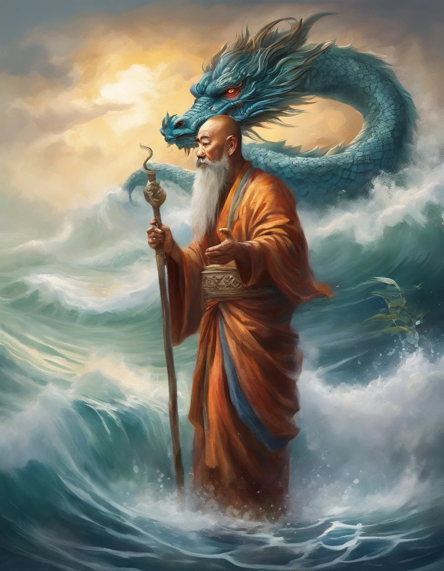 "In a style of Baroque, Caravaggio and Peter Paul Rubens.", "A chaotic scene of heroism set in a floating island above a stormy ocean, with bioluminescent plants illuminating the landscape. The mood is dreamy and ominous, with swirling clouds and flashes of lightning. The character is an elderly man with a serene expression, wearing an ancient robe adorned with modern technological enhancements and glowing runes. His posture is meditative, sitting cross-legged on a levitating rock. The art style is a blend of baroque and cyberpunk, with intricate, fluid brushstrokes. The scene includes cultural references to folklore, with mythical creatures like dragons and phoenixes interacting with futuristic drones. The historical context is set in an alternate reality where ancient magic and advanced technology coexist, creating a surreal and fantastical atmosphere."