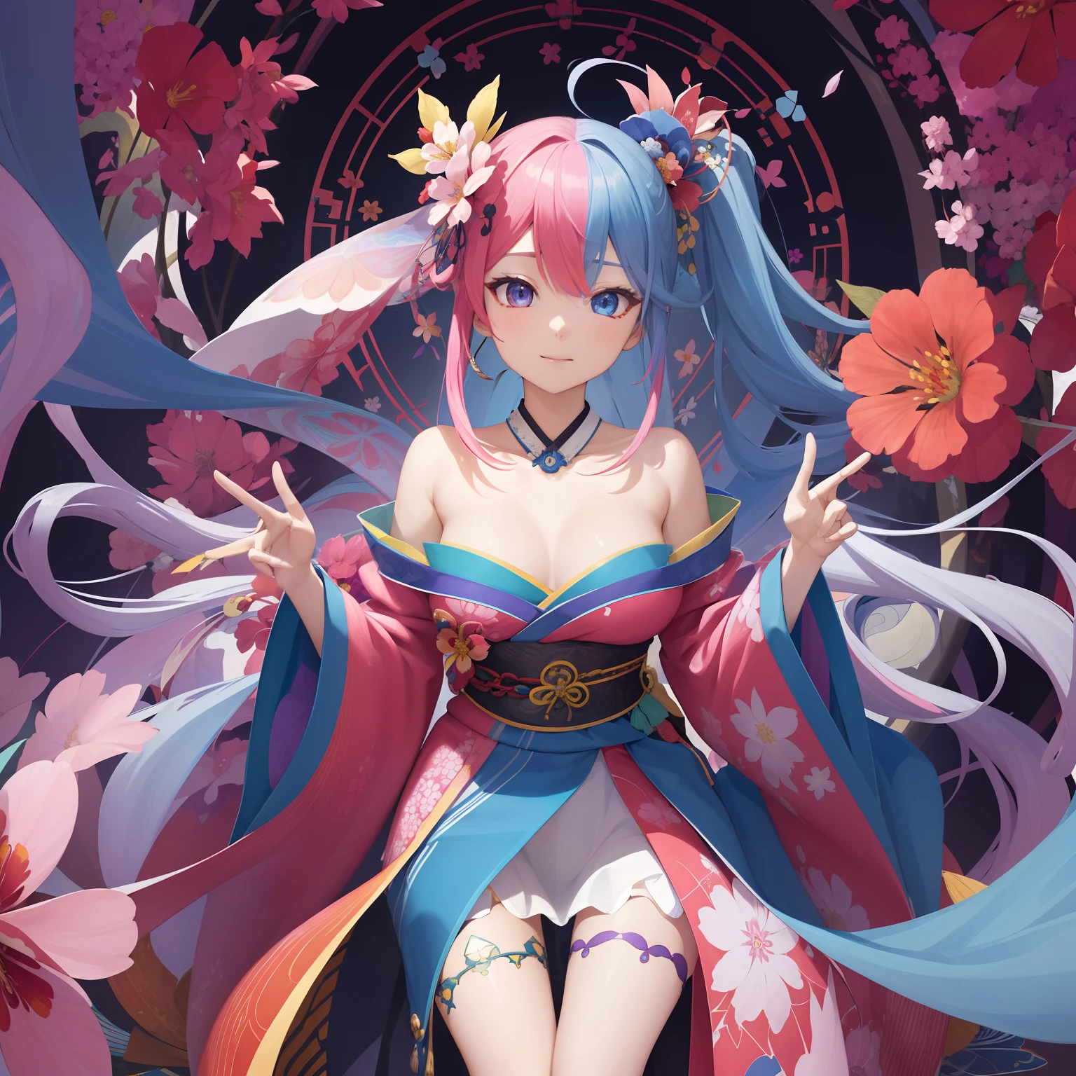 (absurderes、hight resolution、ultra-detailliert)、1girl in、Beautiful woman、Pink twin-tailed hair、length hair、Blue eyes、Red kimono、finely eye and detailed face、the Extremely Detailed CG Unity 8K Wallpapers、intricate-detail、BREAK、kaleidoscopic imagery、Symmetrical pattern、vivd colour、Geometric shapes、mesmerizing designs、optical illusion、Dynamic Composition Breaker、pantomime art、expressive body language、Quiet storytelling、evocative gestures、 visual narratives、Play Break Ha、blooming flowers、Multicolored petals、fragrant scents、nature's bounty、vibrant gardens、Tranquil landscape