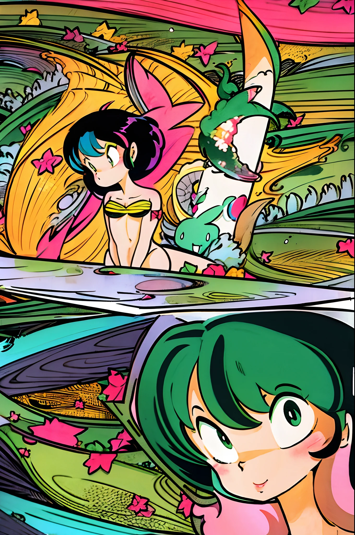 lum, oni, bikini, green hair, standing, full body, city