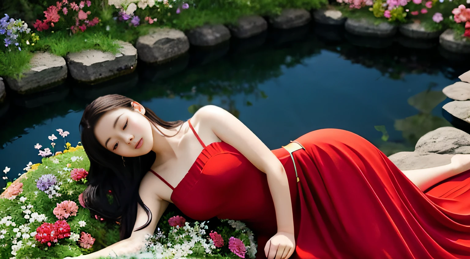In a sea of colorful flowers, A beautiful 22-year-old lady in a delicate red chiffon dress falls asleep lying on soft petals. Her beauty is unparalleled, It was as if the heavens had descended on the mortal world. The intricate details of her red dress are beautifully rendered, The flowing chiffon dances delicately in the breeze, Like a blooming flower.
Her long hair flowed among the flowers, Gently undulating like a work of art. Sunlight seeps through the sea of flowers, Illuminate her silhouette,Highlight her fair and flawless skin. Her elegant and elegant facial features exude a charming charm.
The surrounding flowers bloom in a variety of colors, Their petals are soft as silk,Delicate as snow. The clear river flows through, Gently rippling, It is as if dancing happily with the flowers. The trees on the banks of the river sway gracefully, It adds serenity and vibrancy to this beautiful scene.
In this red dream, Everything looks so vivid,But it's like a dream. The lady lay quietly, It seems to be enjoying the tranquil sea of flowers, Soak up the warmth of the scorching sun. This scene is so beautiful, It was as if it could stay in this dream forever, Appeal to anyone who sees it. Full body proportions,graceful stance,