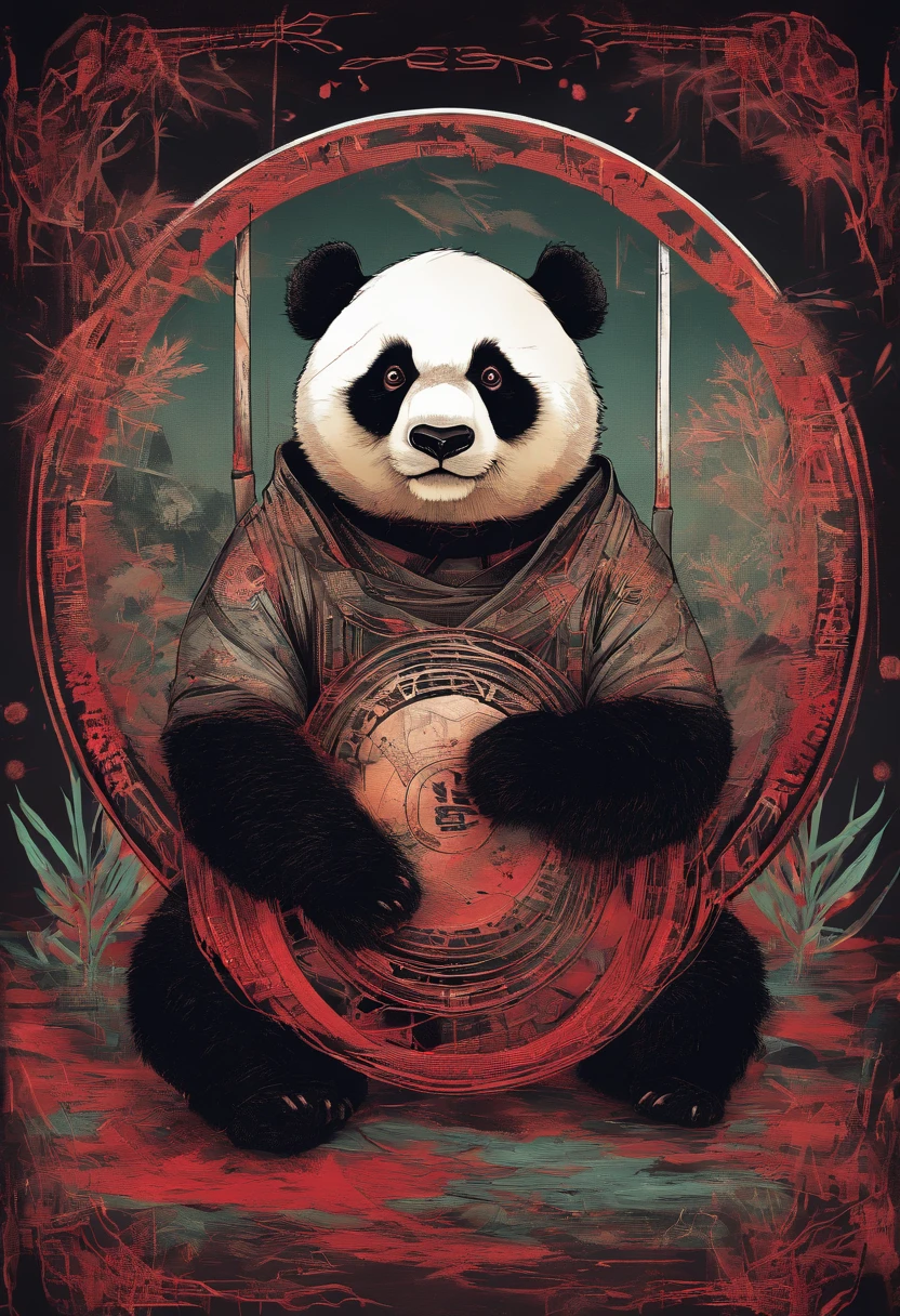 A panda holds a circular embroidery painting of bamboo in a filthy environment,His eyes glowed red with anger