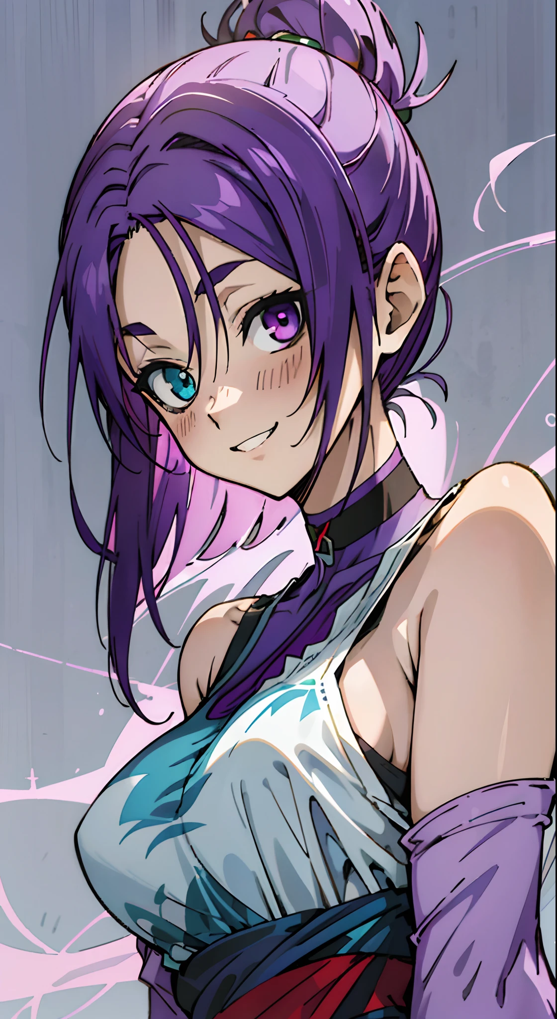 best qualtiy，tmasterpiece, High quality, Solo, Purple hair, length hair, Hairpin, Heterochromia, Green eyes, Purple eyes, Reo Mikage, Blue Lock, Bare shoulders, no sleeves, Camisole, chinese clothes, Choker, arm warmer, Scar , Happy face, Big breasts, red blush