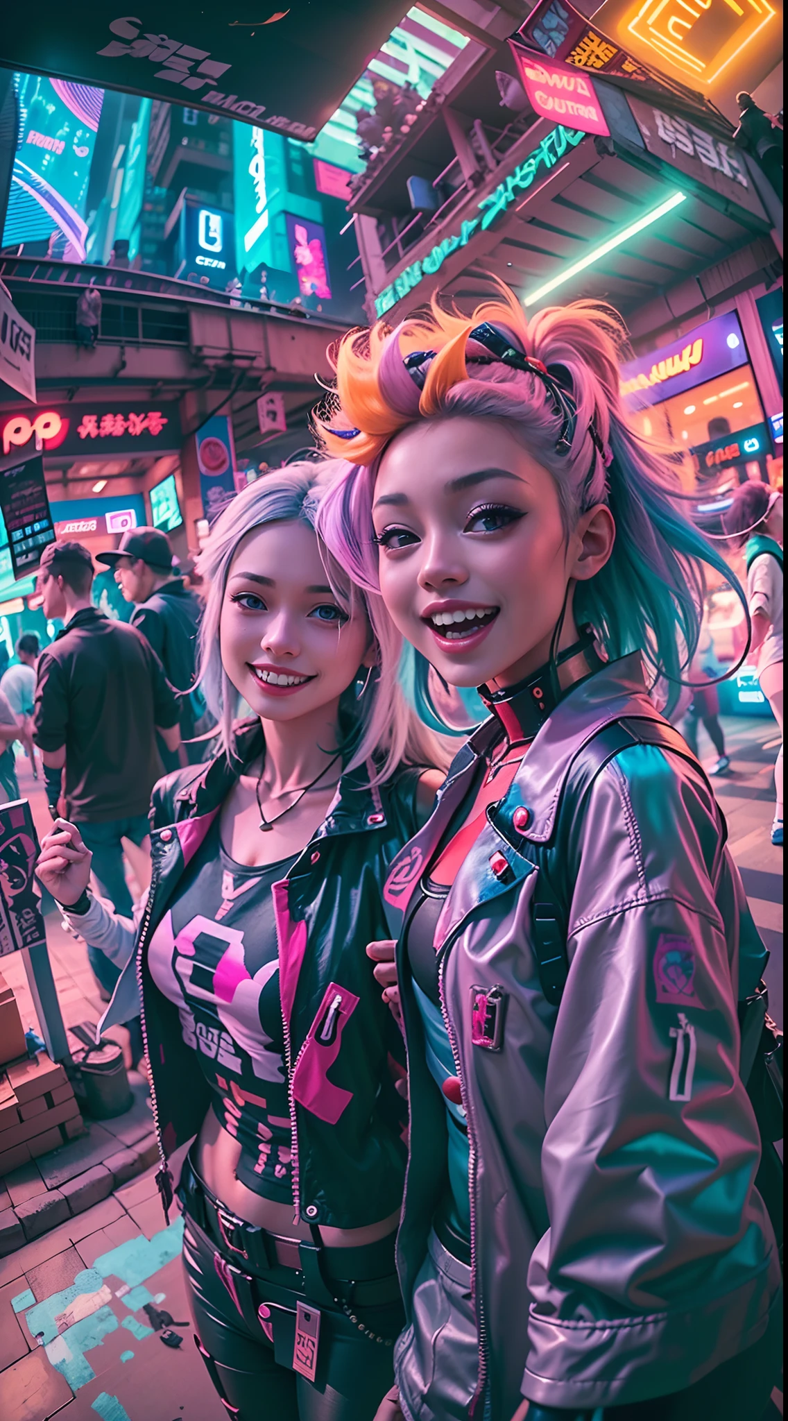 ((2 cyberpunk girls wearing colorful Harajuku style pop outfit)), ((fisheye lens)), cowboy shot, wind, messy hair, cyberpunk cityscape, (bright colors), (aesthetics and atmosphere:1.2), smiling, laughing