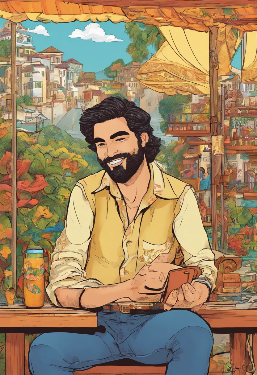 "Por favor, Create an image of a brunette man with Brazilian characteristics, sentado em um banco ao ar livre, tocando um ukulele. The scene should convey a sense of serenity and joy, with emphasis on the facial and cultural features that make the Brazilian man easily identifiable. Be sure to capture the relaxed atmosphere of the music and the natural scenery around the bench."